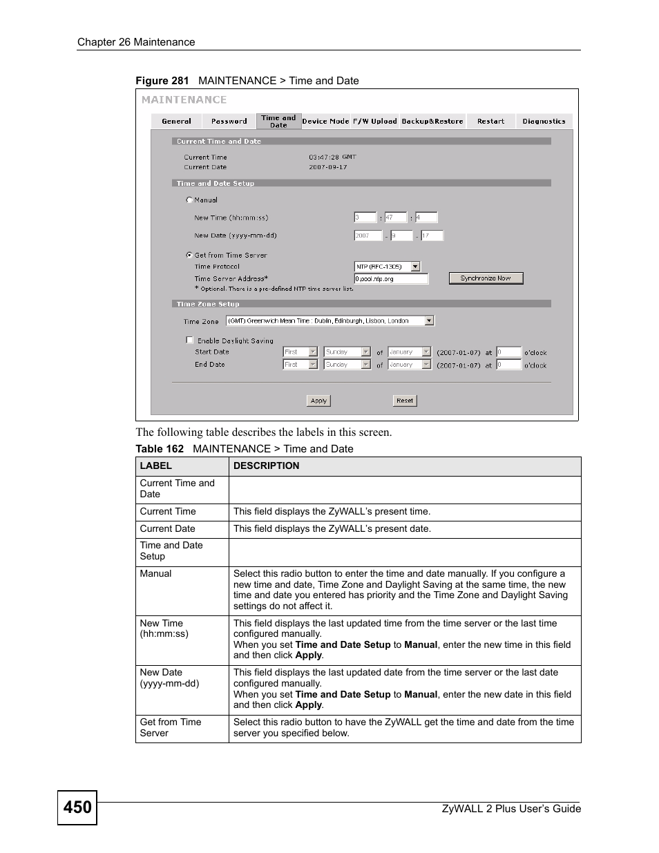 Figure 281 maintenance > time and date, Table 162 maintenance > time and date | ZyXEL Communications ZyWALL 2 Plus User Manual | Page 450 / 686