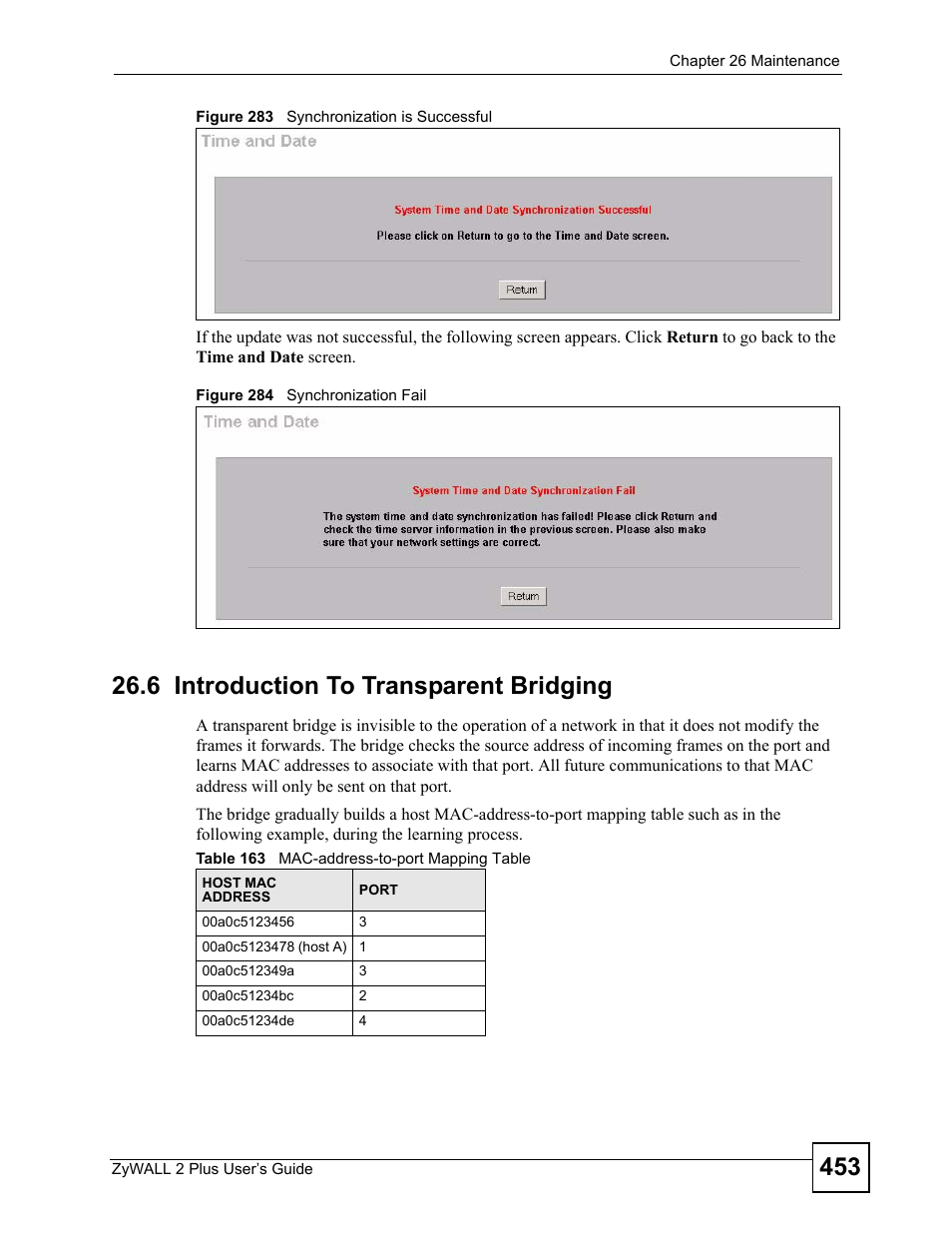 6 introduction to transparent bridging, Table 163 mac-address-to-port mapping table | ZyXEL Communications ZyWALL 2 Plus User Manual | Page 453 / 686