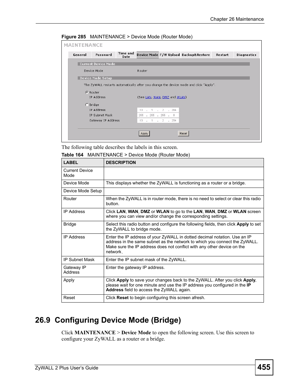 9 configuring device mode (bridge), Figure 285 maintenance > device mode (router mode), Table 164 maintenance > device mode (router mode) | ZyXEL Communications ZyWALL 2 Plus User Manual | Page 455 / 686