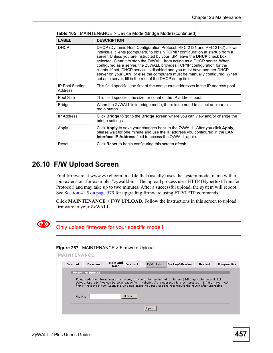 10 f/w upload screen, Figure 287 maintenance > firmware upload | ZyXEL Communications ZyWALL 2 Plus User Manual | Page 457 / 686