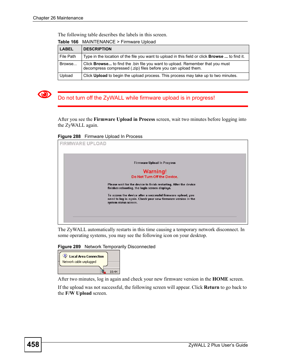 Table 166 maintenance > firmware upload | ZyXEL Communications ZyWALL 2 Plus User Manual | Page 458 / 686