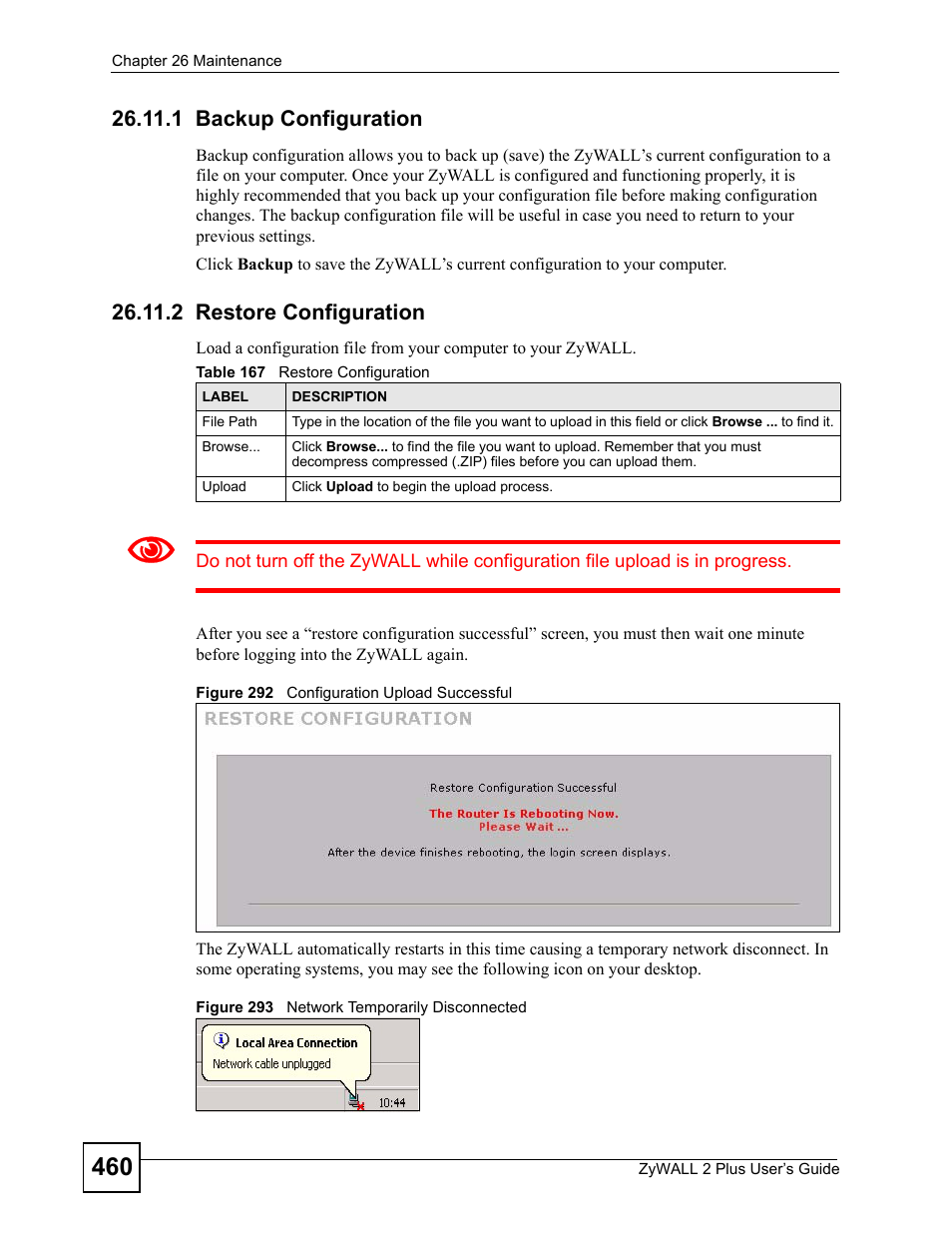 1 backup configuration, 2 restore configuration, Table 167 restore configuration | ZyXEL Communications ZyWALL 2 Plus User Manual | Page 460 / 686