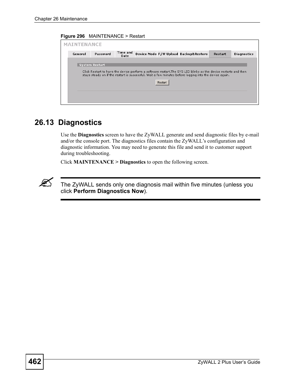 13 diagnostics, Figure 296 maintenance > restart | ZyXEL Communications ZyWALL 2 Plus User Manual | Page 462 / 686