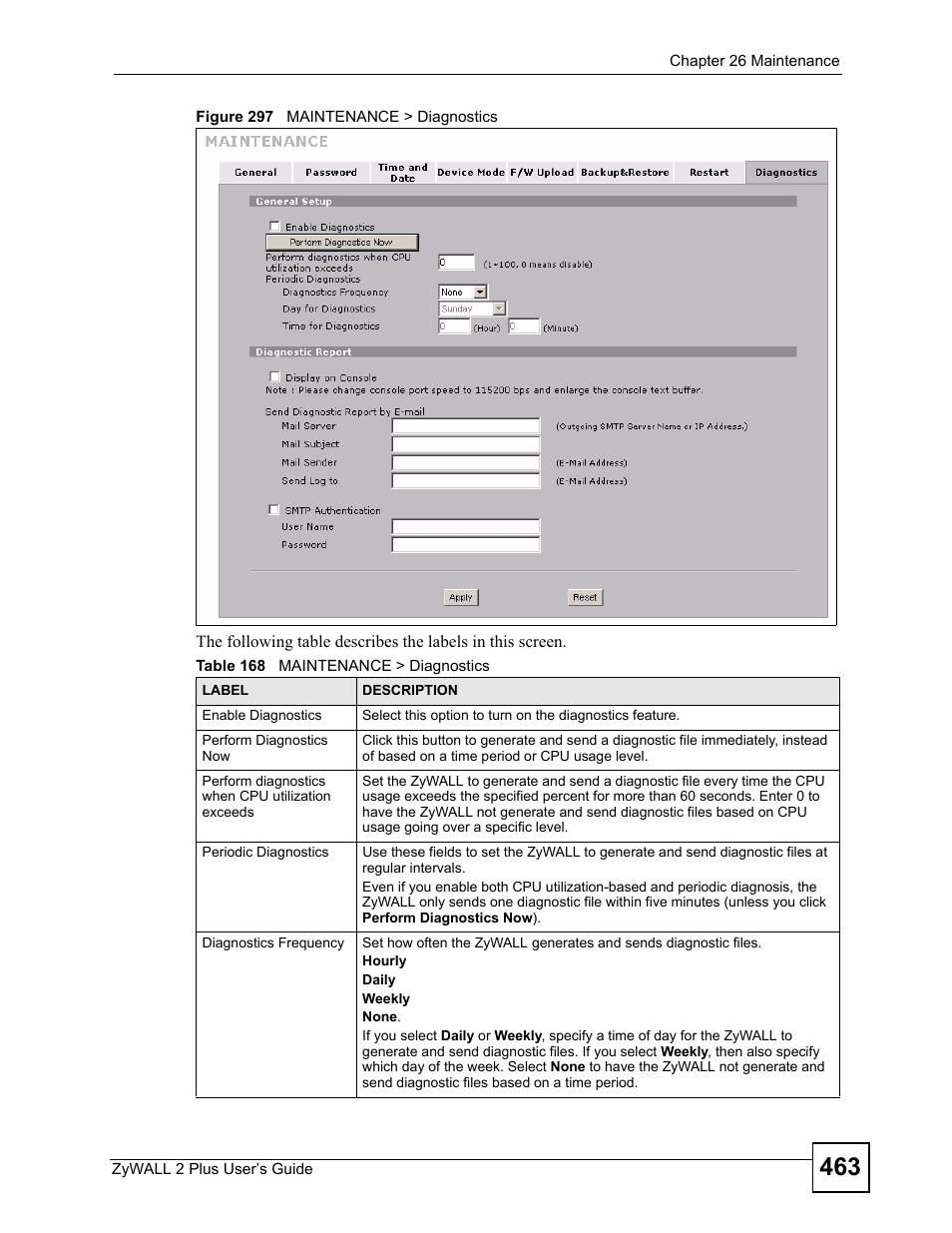 Figure 297 maintenance > diagnostics, Table 168 maintenance > diagnostics | ZyXEL Communications ZyWALL 2 Plus User Manual | Page 463 / 686