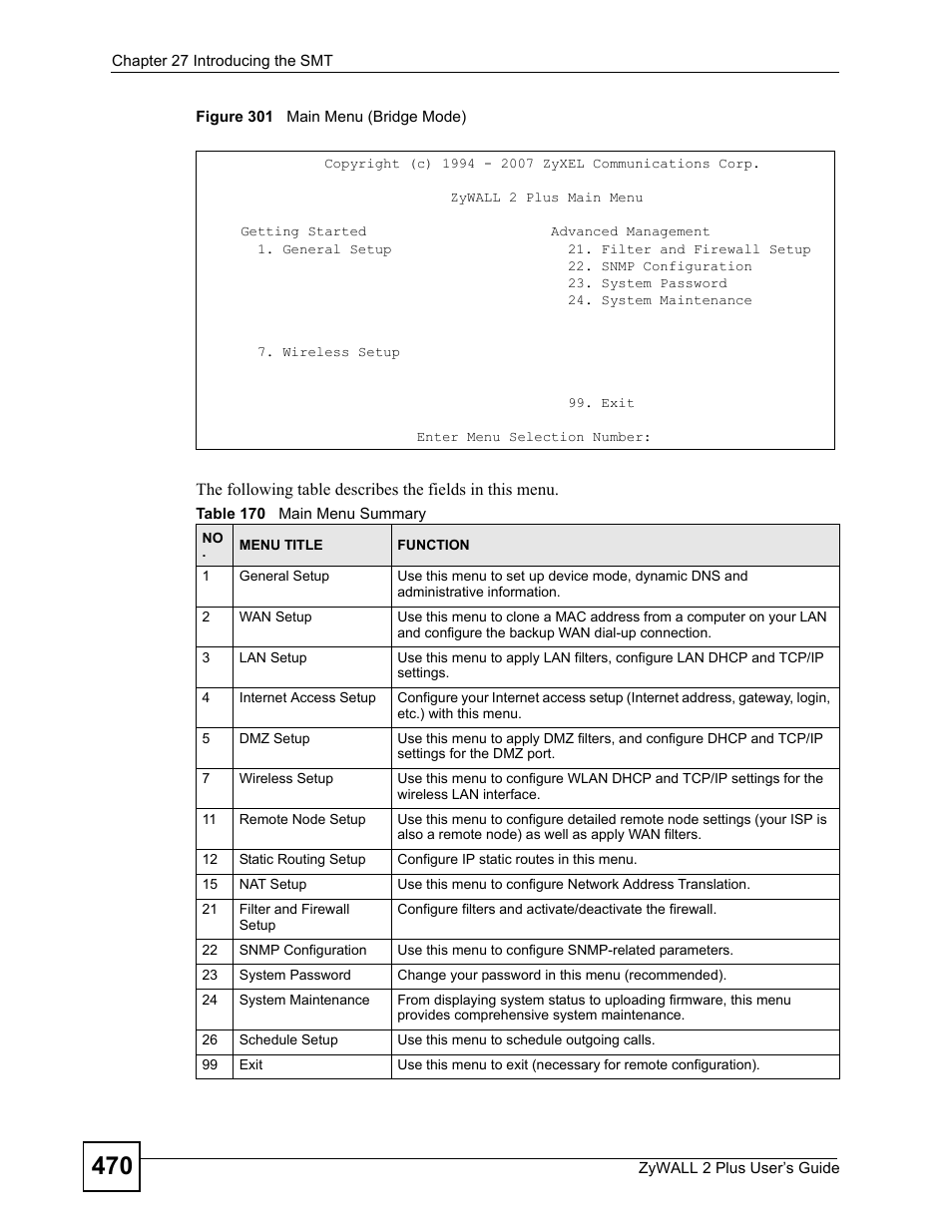 Figure 301 main menu (bridge mode), Table 170 main menu summary | ZyXEL Communications ZyWALL 2 Plus User Manual | Page 470 / 686