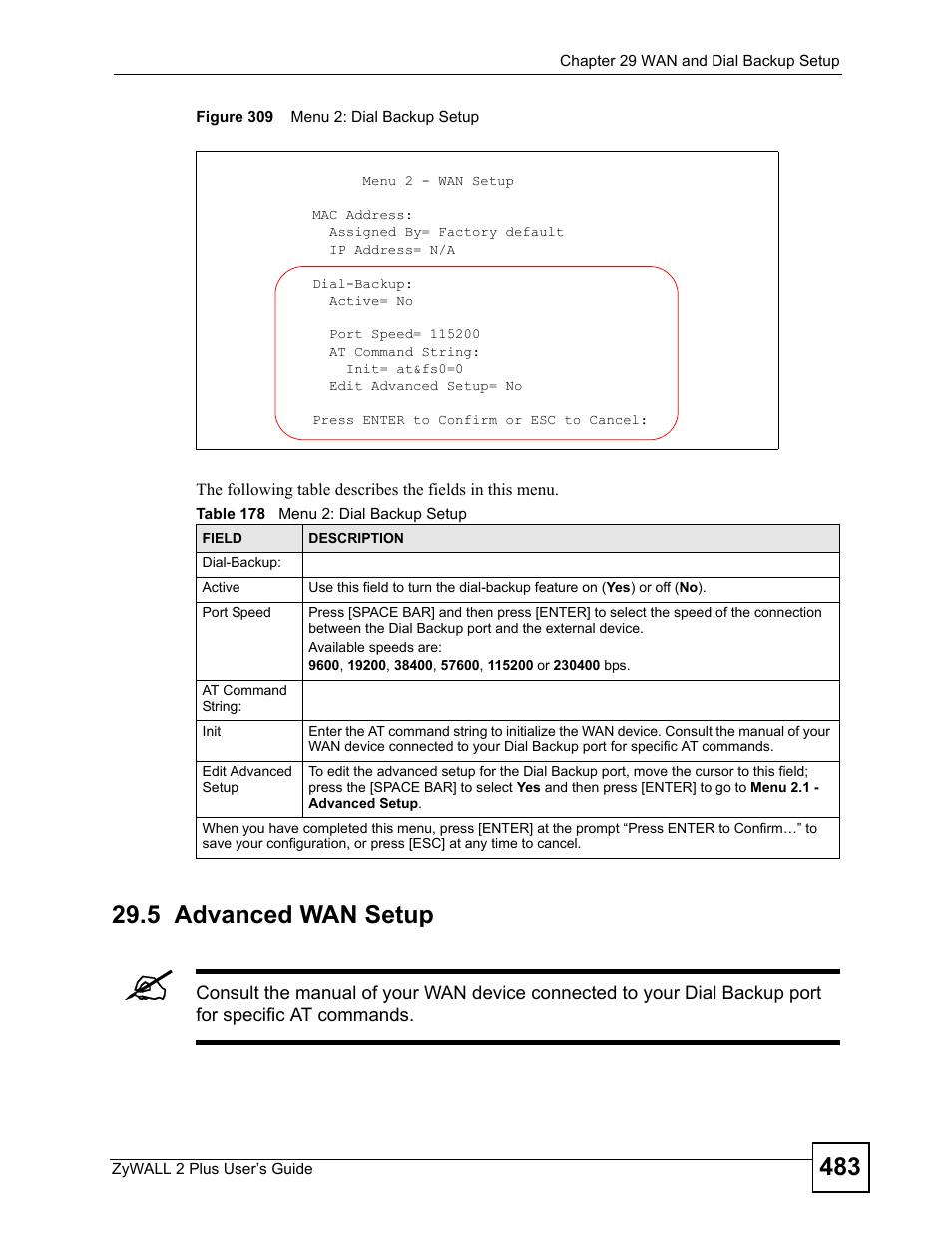5 advanced wan setup, Figure 309 menu 2: dial backup setup, Table 178 menu 2: dial backup setup | ZyXEL Communications ZyWALL 2 Plus User Manual | Page 483 / 686