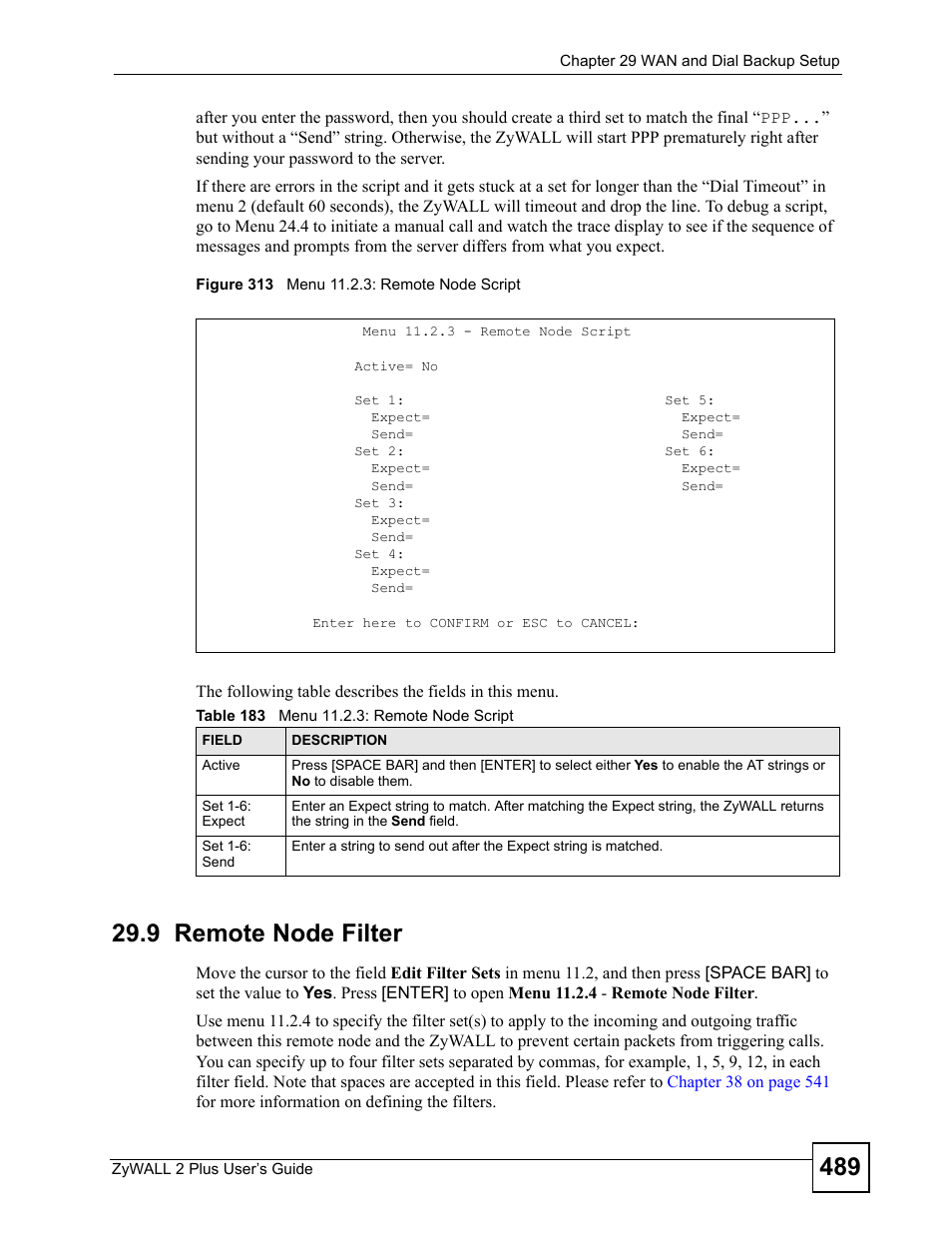 9 remote node filter, Figure 313 menu 11.2.3: remote node script, Table 183 menu 11.2.3: remote node script | ZyXEL Communications ZyWALL 2 Plus User Manual | Page 489 / 686