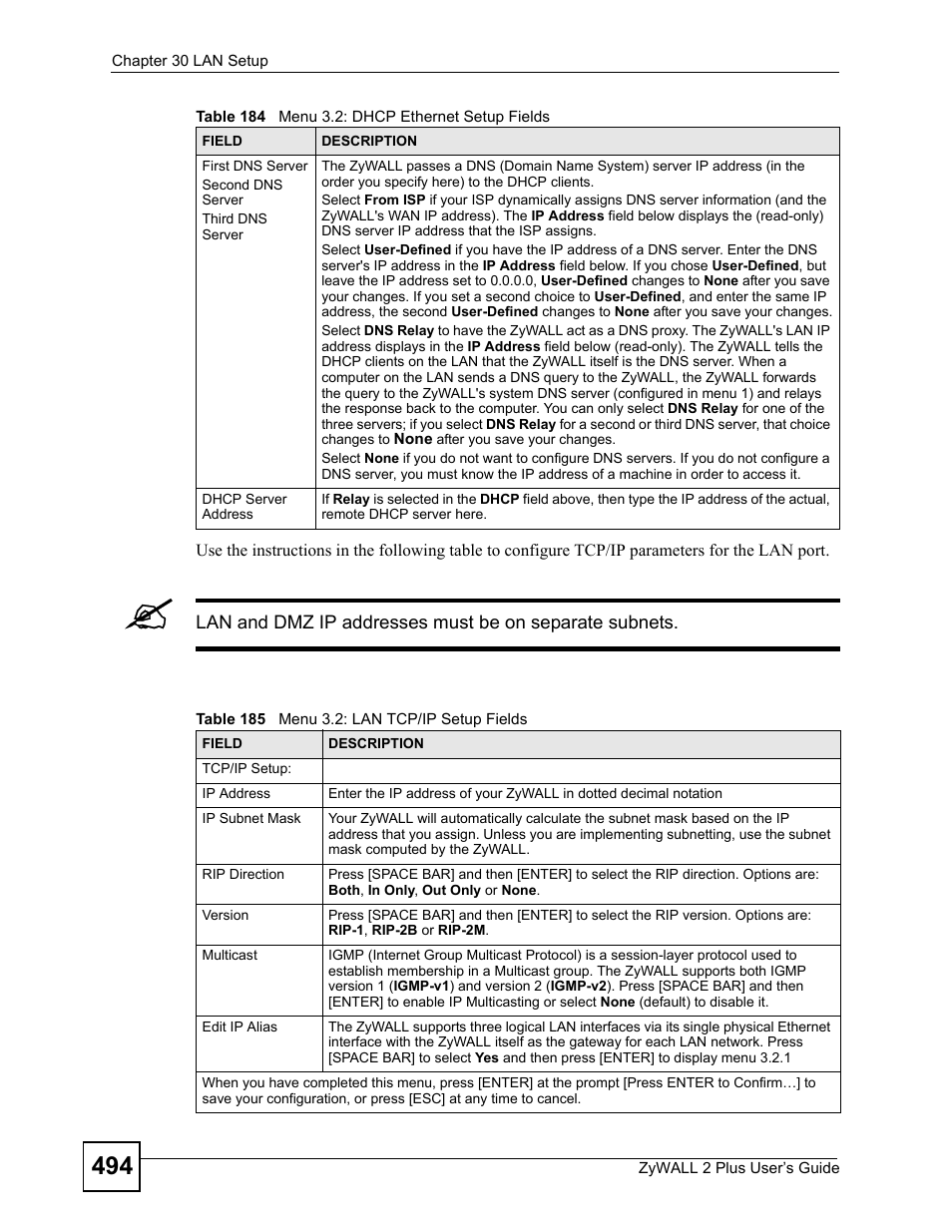 Table 185 menu 3.2: lan tcp/ip setup fields | ZyXEL Communications ZyWALL 2 Plus User Manual | Page 494 / 686