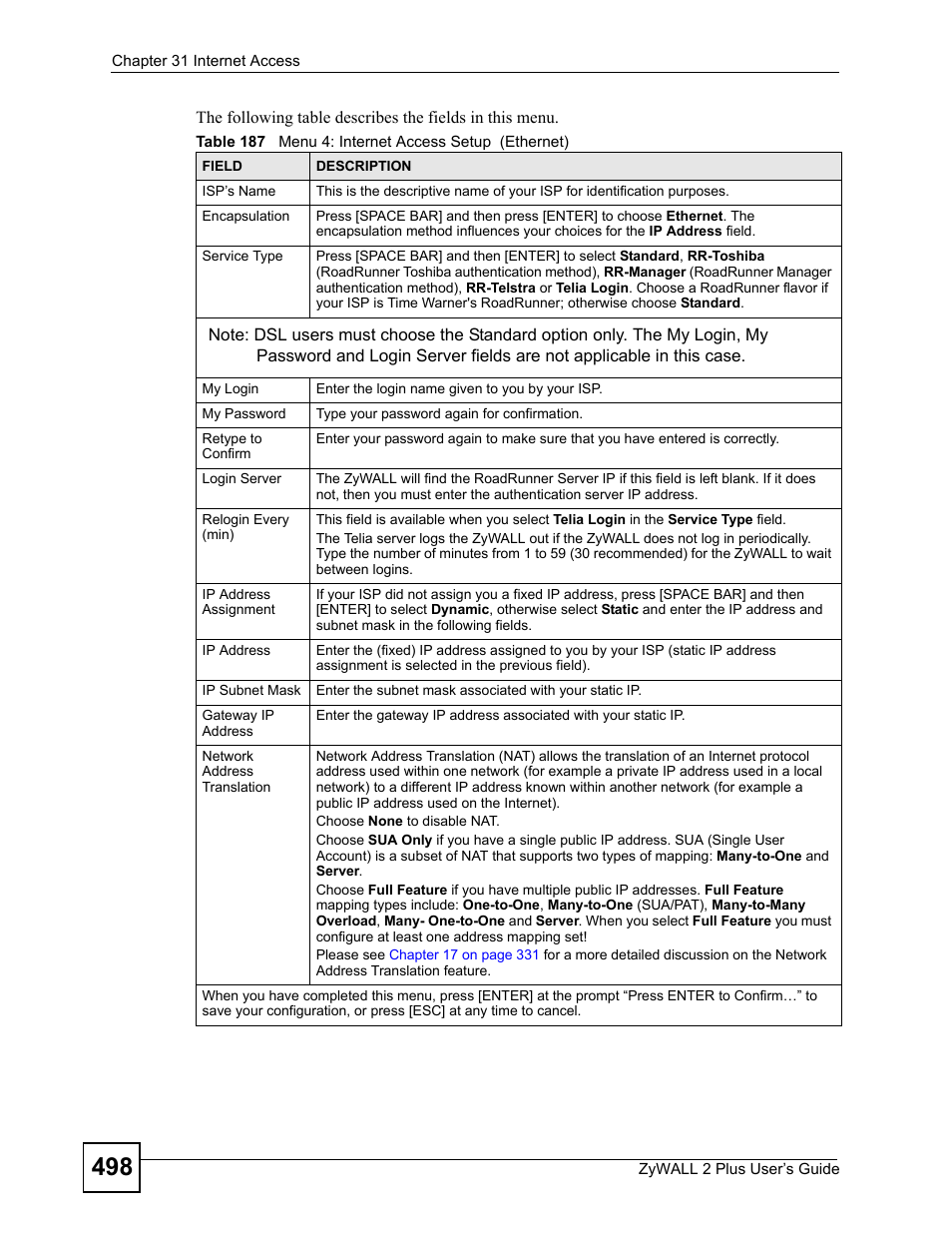 Table 187 menu 4: internet access setup (ethernet) | ZyXEL Communications ZyWALL 2 Plus User Manual | Page 498 / 686