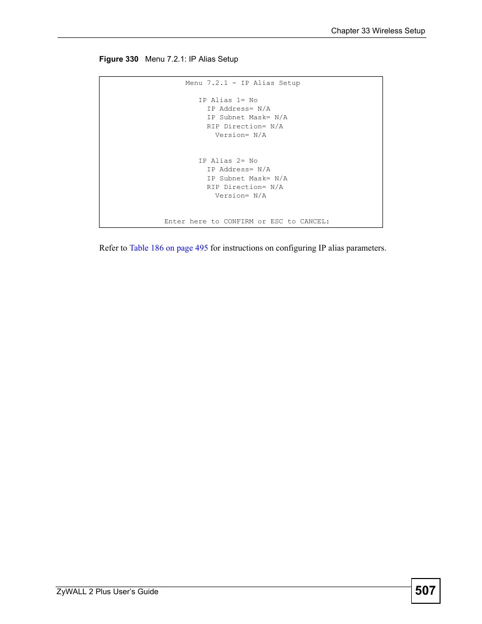 Figure 330 menu 7.2.1: ip alias setup | ZyXEL Communications ZyWALL 2 Plus User Manual | Page 507 / 686