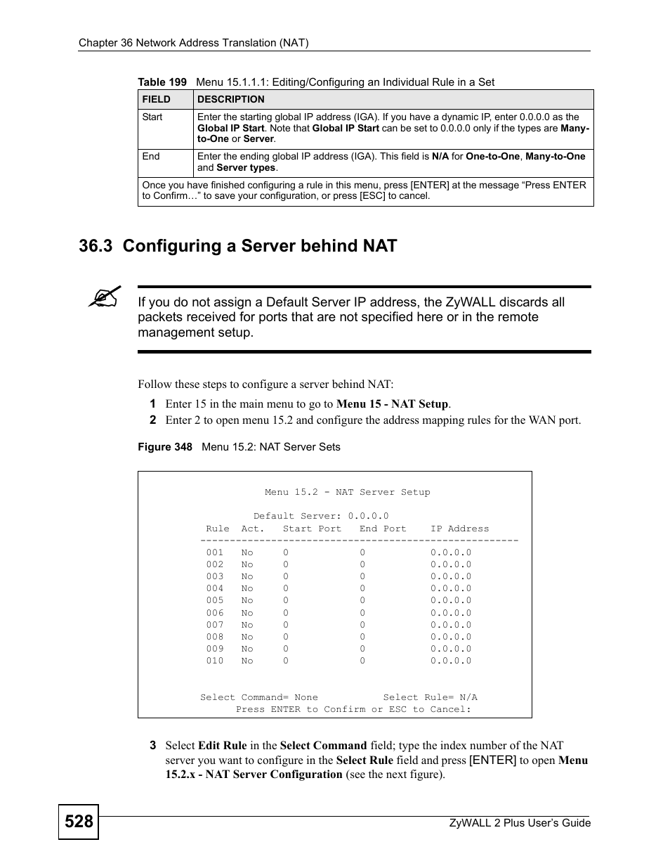 3 configuring a server behind nat, Figure 348 menu 15.2: nat server sets | ZyXEL Communications ZyWALL 2 Plus User Manual | Page 528 / 686