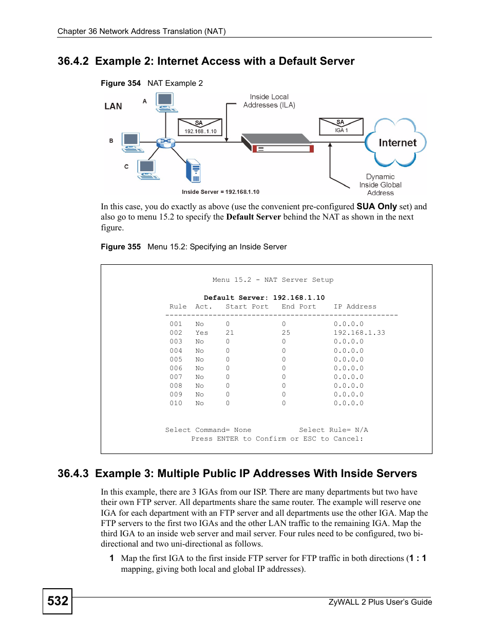 2 example 2: internet access with a default server | ZyXEL Communications ZyWALL 2 Plus User Manual | Page 532 / 686