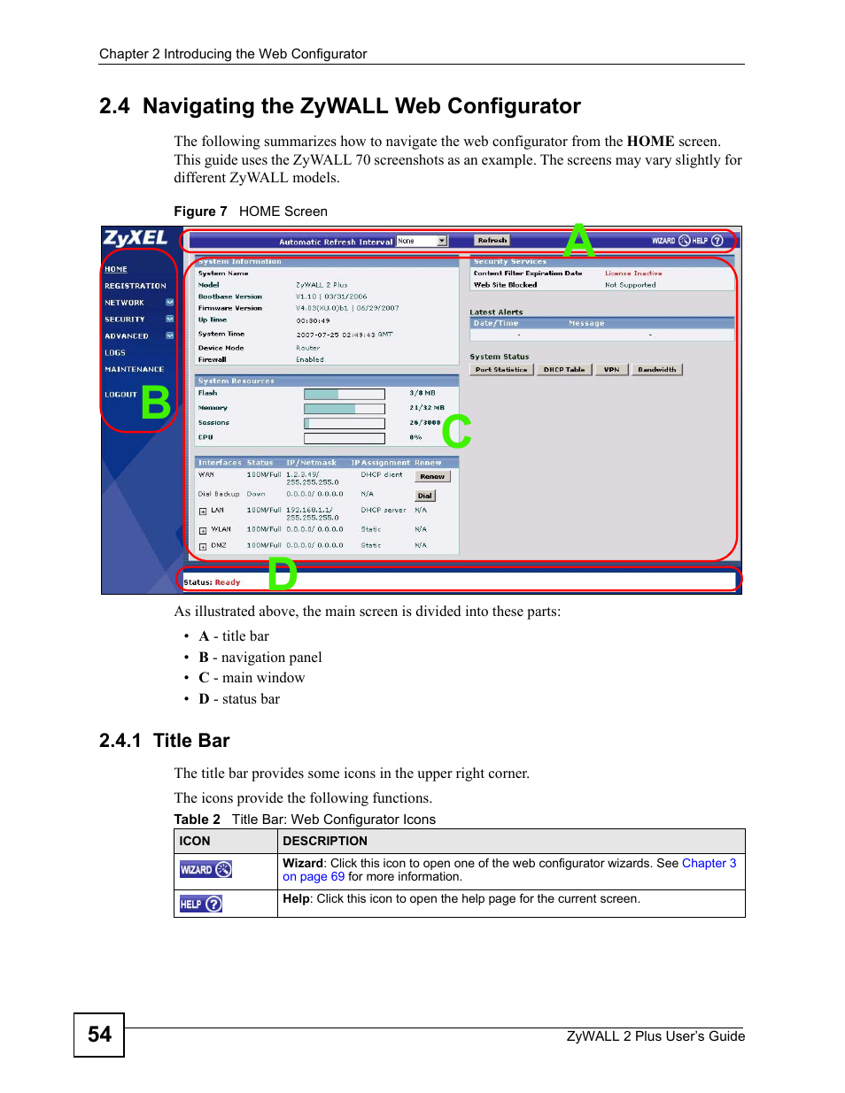 4 navigating the zywall web configurator, 1 title bar, Figure 7 home screen | Table 2 title bar: web configurator icons, Cd b a | ZyXEL Communications ZyWALL 2 Plus User Manual | Page 54 / 686