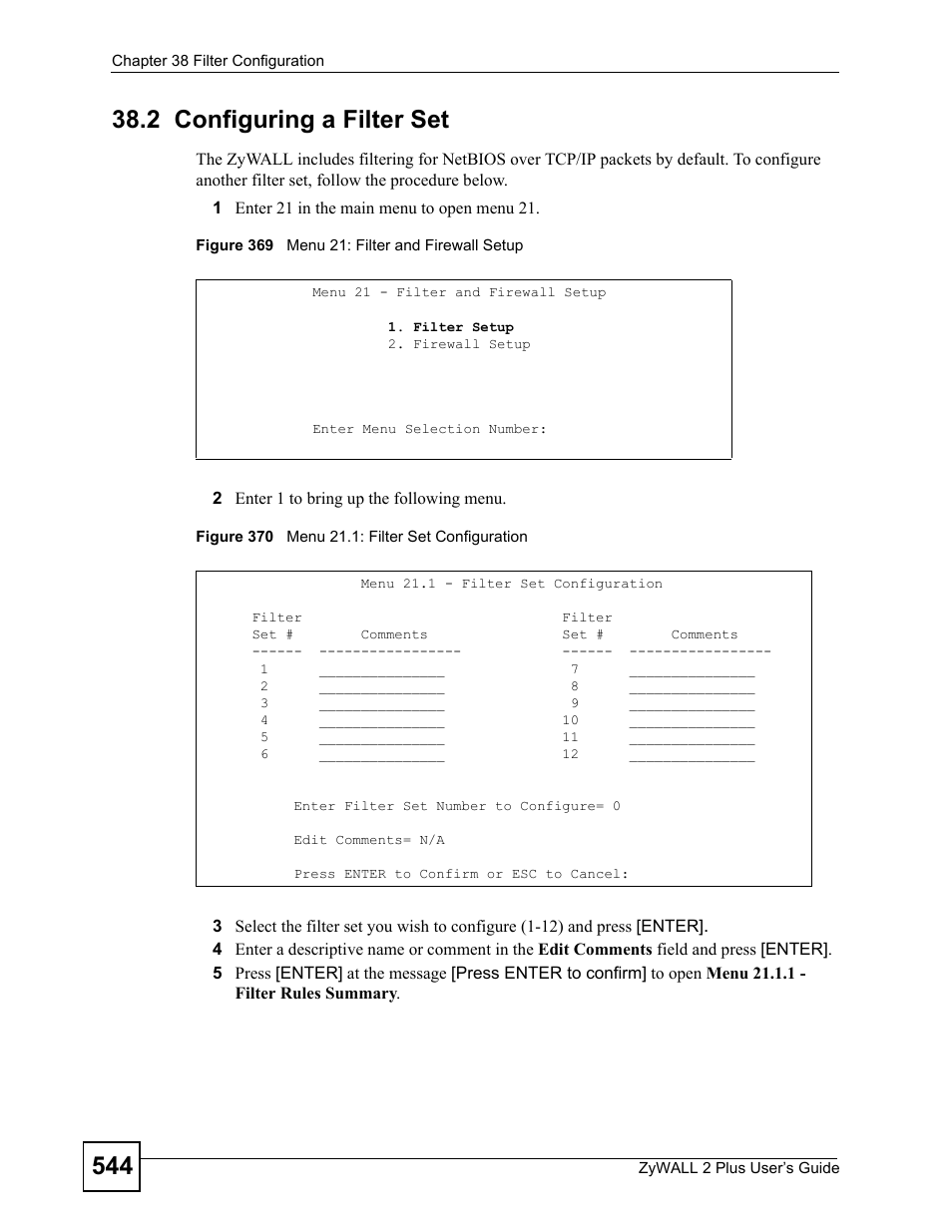 2 configuring a filter set | ZyXEL Communications ZyWALL 2 Plus User Manual | Page 544 / 686