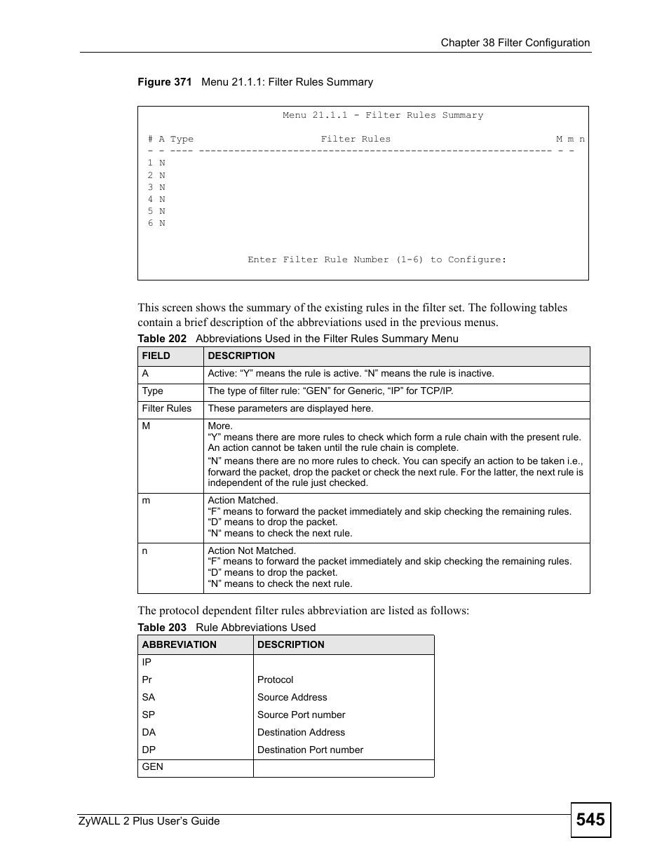 Figure 371 menu 21.1.1: filter rules summary | ZyXEL Communications ZyWALL 2 Plus User Manual | Page 545 / 686