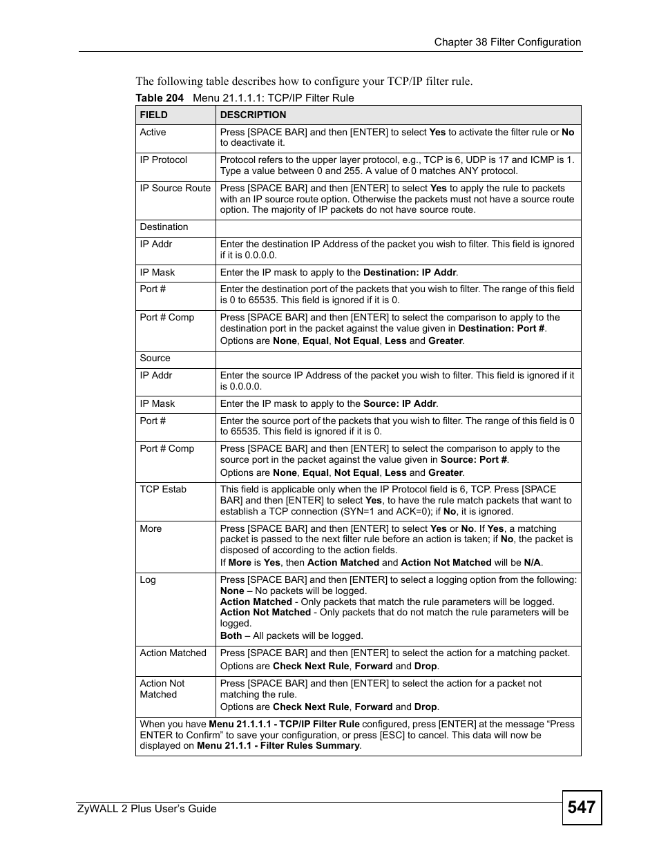 Table 204 menu 21.1.1.1: tcp/ip filter rule | ZyXEL Communications ZyWALL 2 Plus User Manual | Page 547 / 686