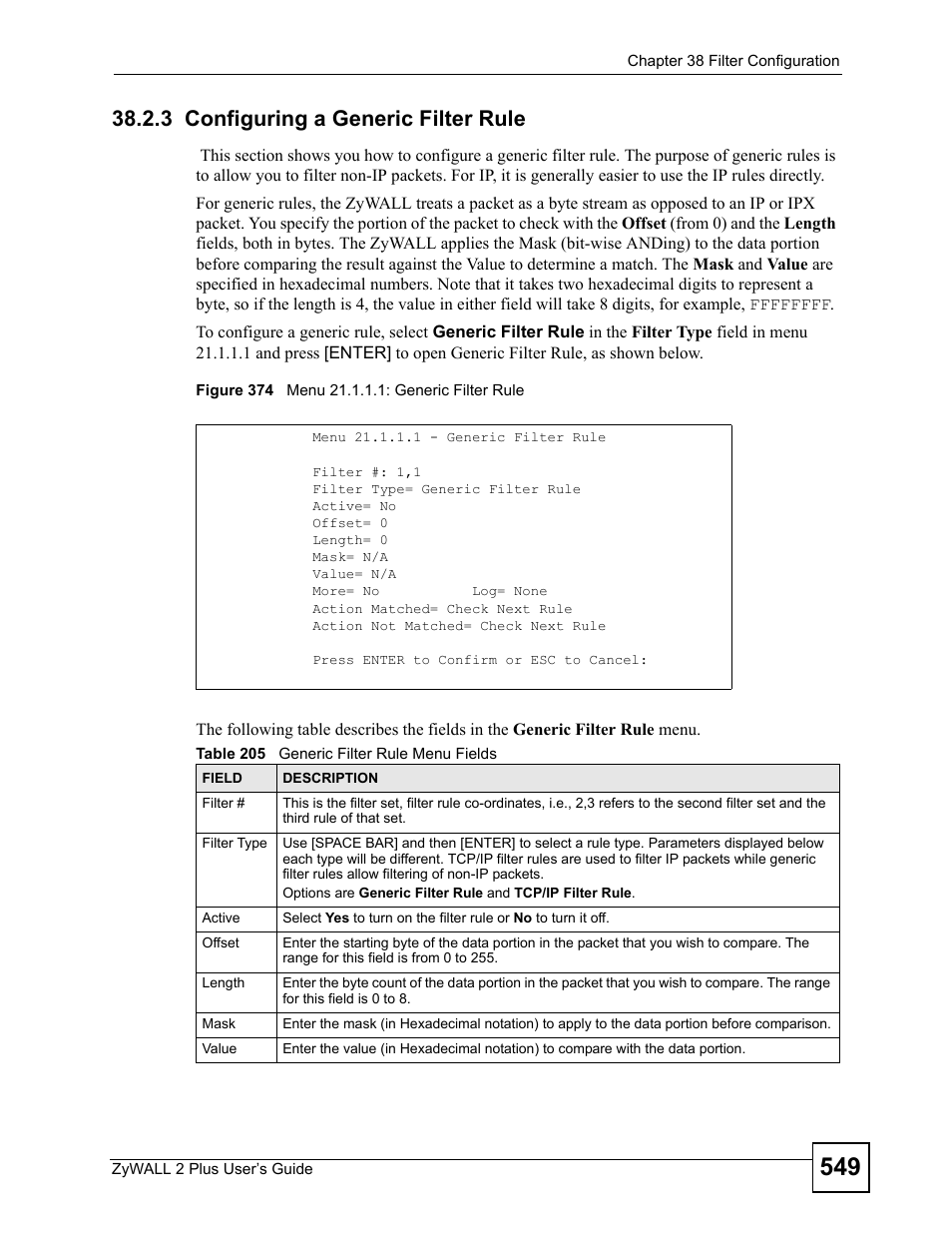 3 configuring a generic filter rule, Figure 374 menu 21.1.1.1: generic filter rule, Table 205 generic filter rule menu fields | ZyXEL Communications ZyWALL 2 Plus User Manual | Page 549 / 686