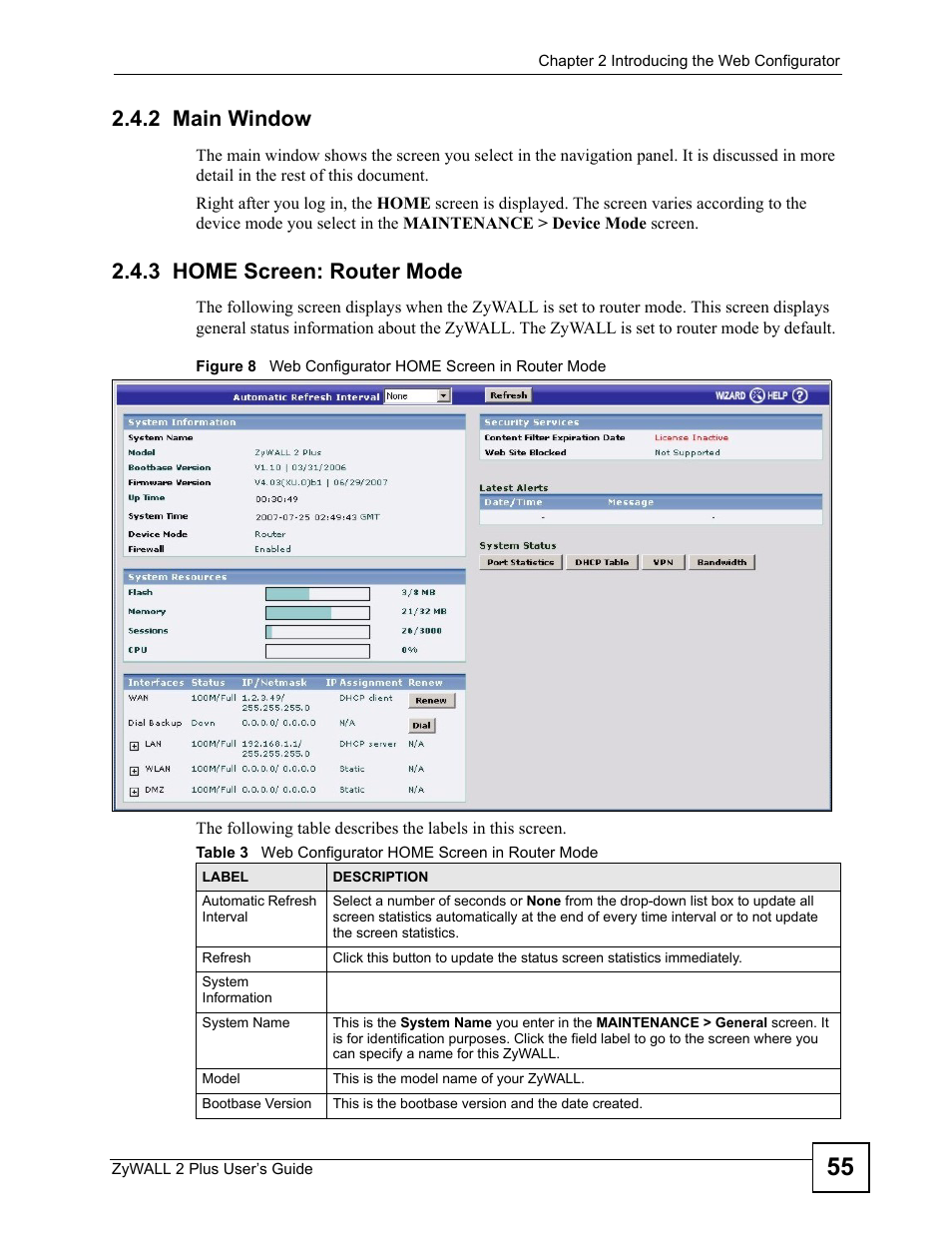 2 main window, 3 home screen: router mode, 2 main window 2.4.3 home screen: router mode | ZyXEL Communications ZyWALL 2 Plus User Manual | Page 55 / 686