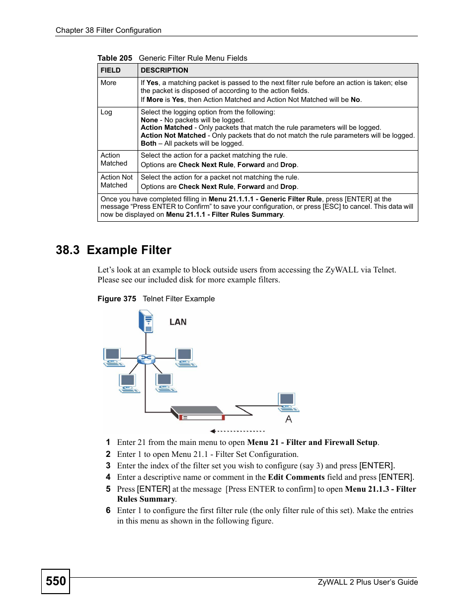 3 example filter, Figure 375 telnet filter example | ZyXEL Communications ZyWALL 2 Plus User Manual | Page 550 / 686