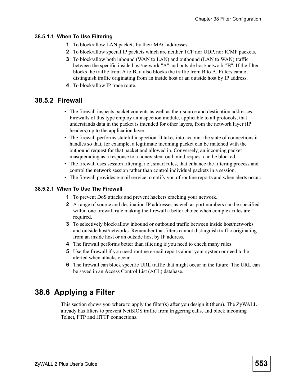 2 firewall, 6 applying a filter | ZyXEL Communications ZyWALL 2 Plus User Manual | Page 553 / 686
