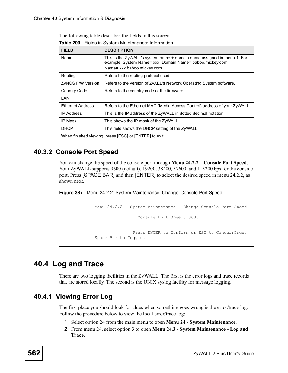 2 console port speed, 4 log and trace, 1 viewing error log | ZyXEL Communications ZyWALL 2 Plus User Manual | Page 562 / 686