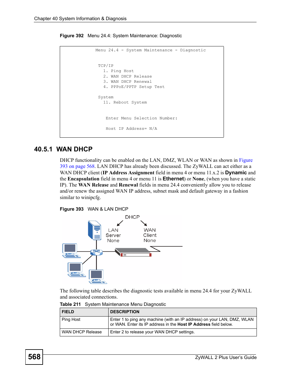 1 wan dhcp, Table 211 system maintenance menu diagnostic | ZyXEL Communications ZyWALL 2 Plus User Manual | Page 568 / 686