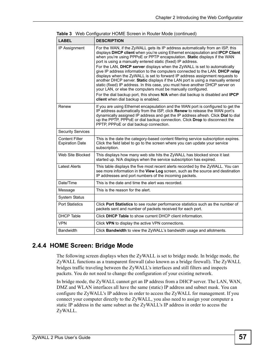 4 home screen: bridge mode | ZyXEL Communications ZyWALL 2 Plus User Manual | Page 57 / 686