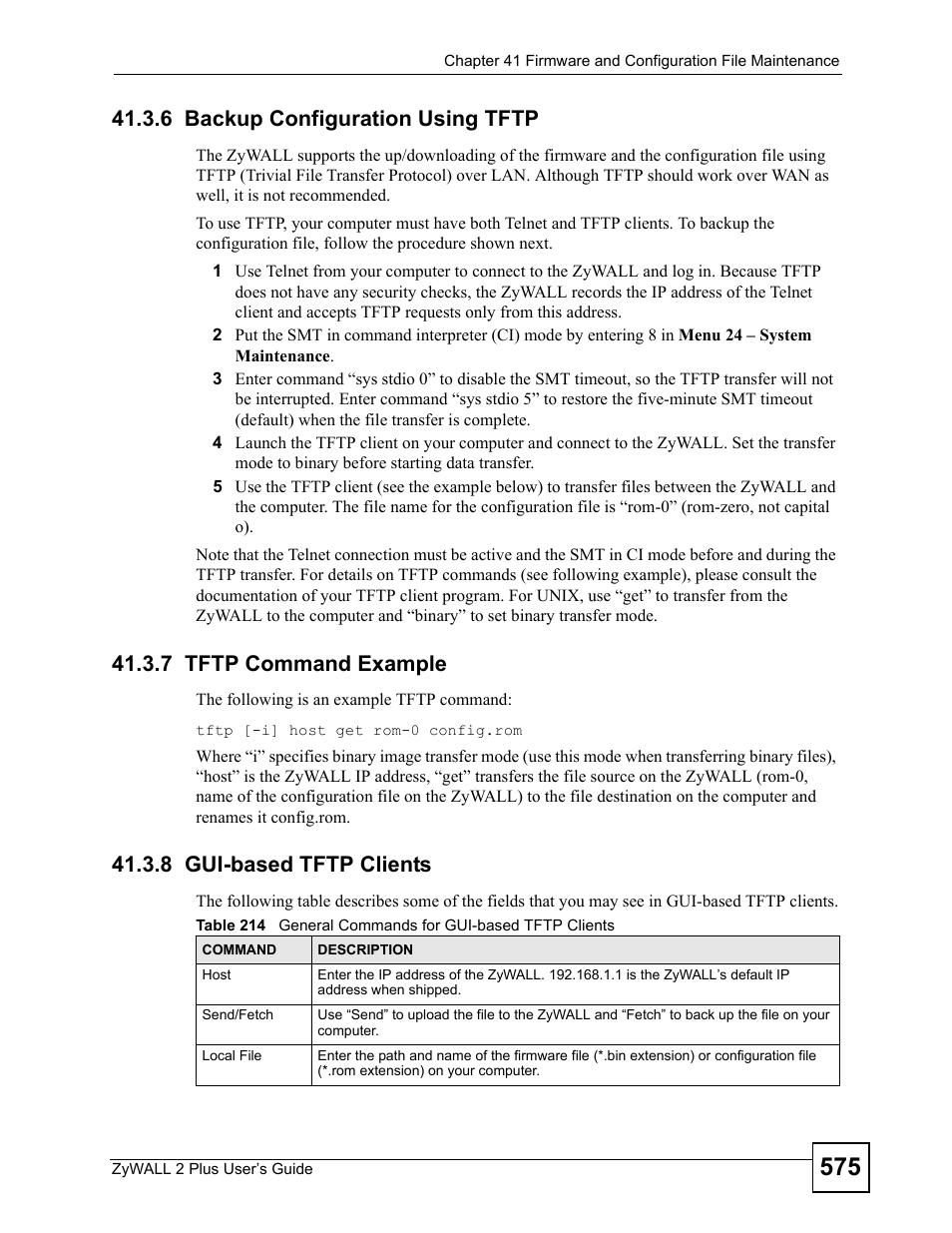 6 backup configuration using tftp, 7 tftp command example, 8 gui-based tftp clients | ZyXEL Communications ZyWALL 2 Plus User Manual | Page 575 / 686