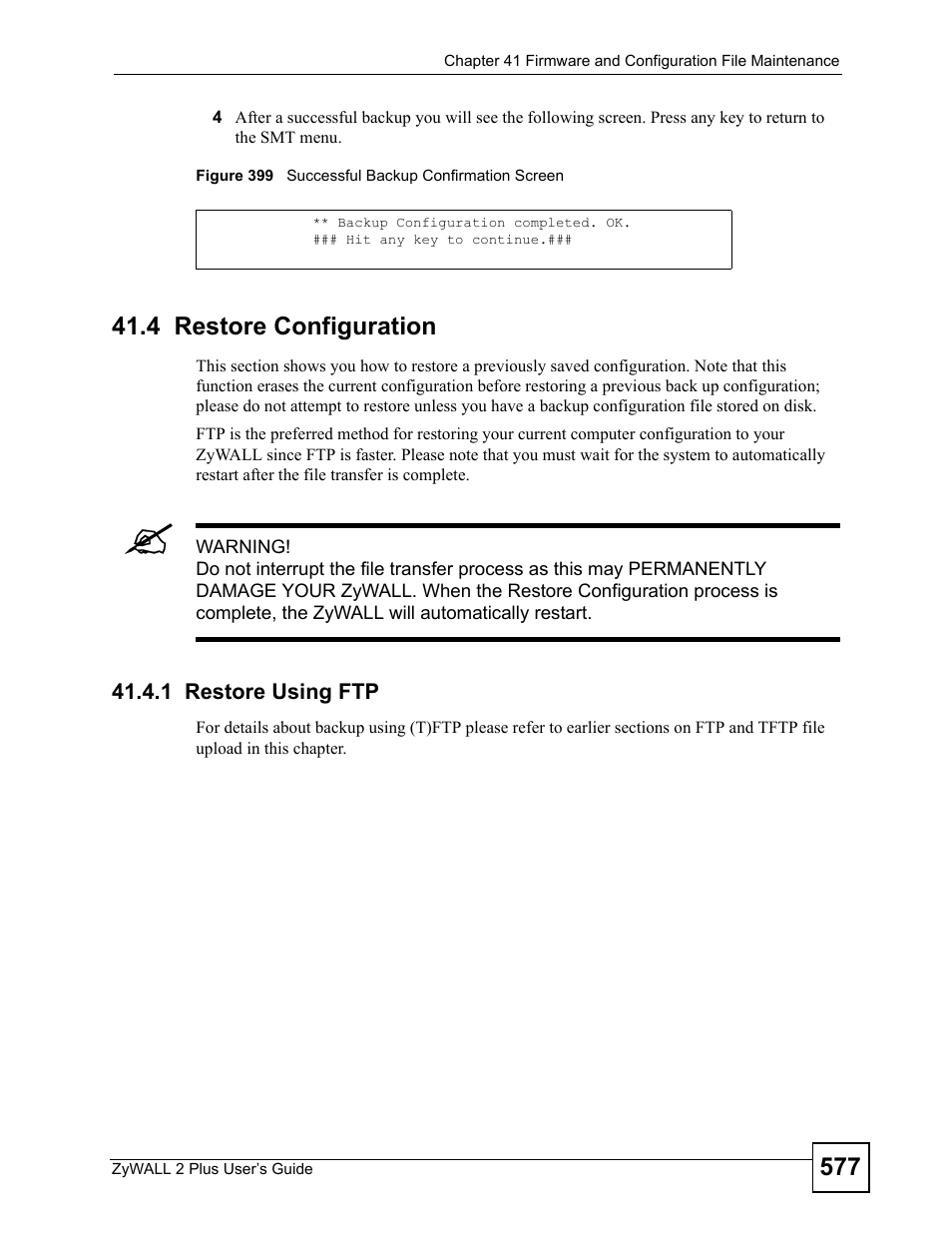 4 restore configuration, 1 restore using ftp, Figure 399 successful backup confirmation screen | ZyXEL Communications ZyWALL 2 Plus User Manual | Page 577 / 686