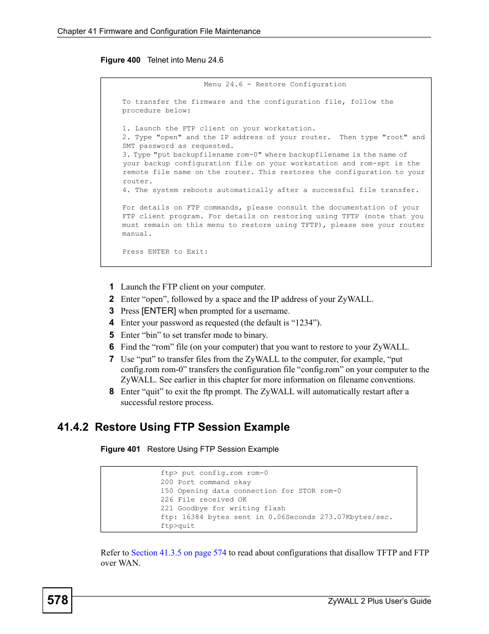 2 restore using ftp session example | ZyXEL Communications ZyWALL 2 Plus User Manual | Page 578 / 686