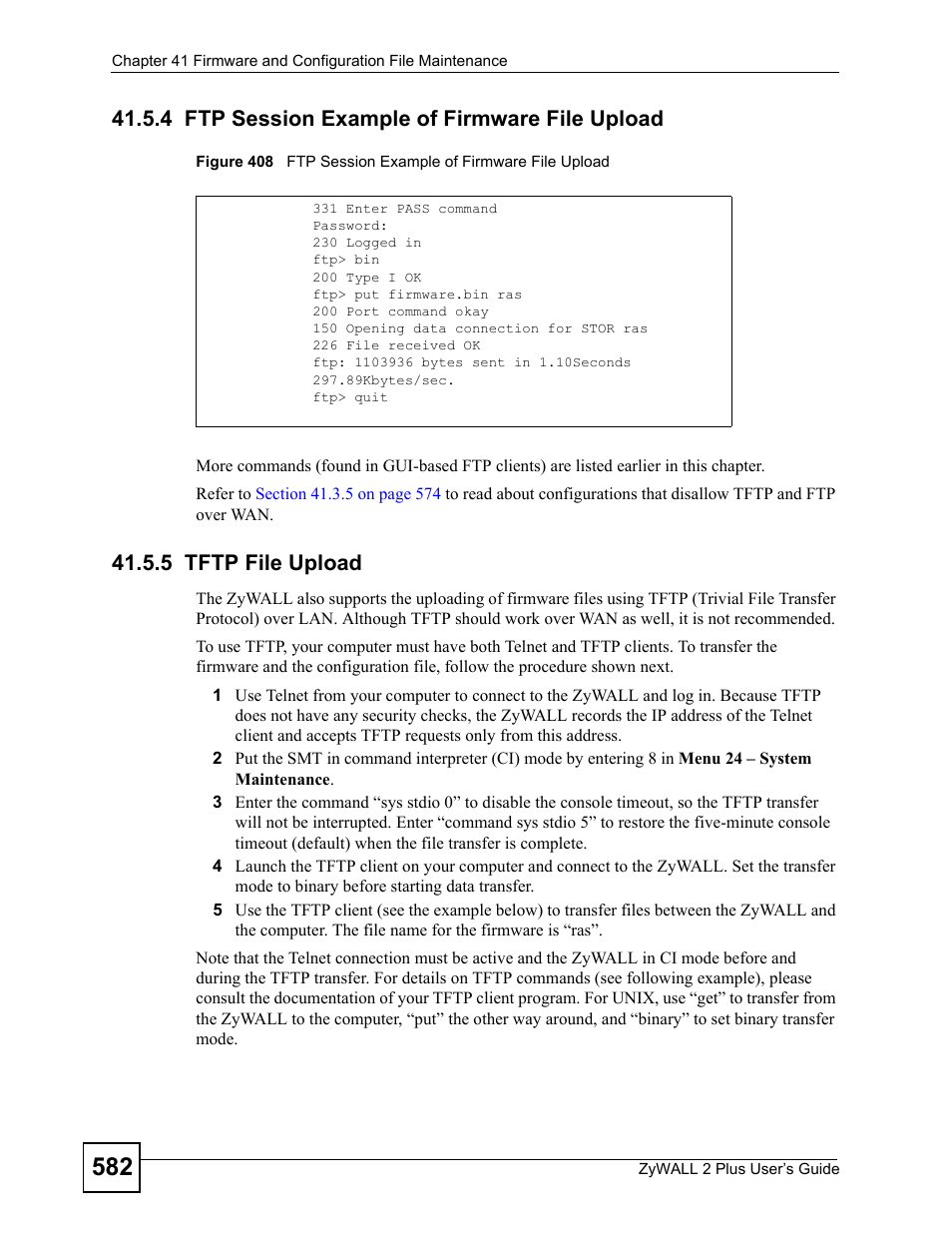 4 ftp session example of firmware file upload, 5 tftp file upload | ZyXEL Communications ZyWALL 2 Plus User Manual | Page 582 / 686