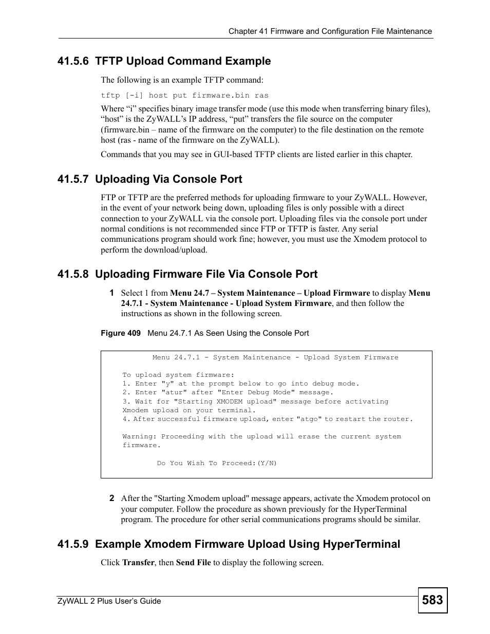 6 tftp upload command example, 7 uploading via console port, 8 uploading firmware file via console port | ZyXEL Communications ZyWALL 2 Plus User Manual | Page 583 / 686