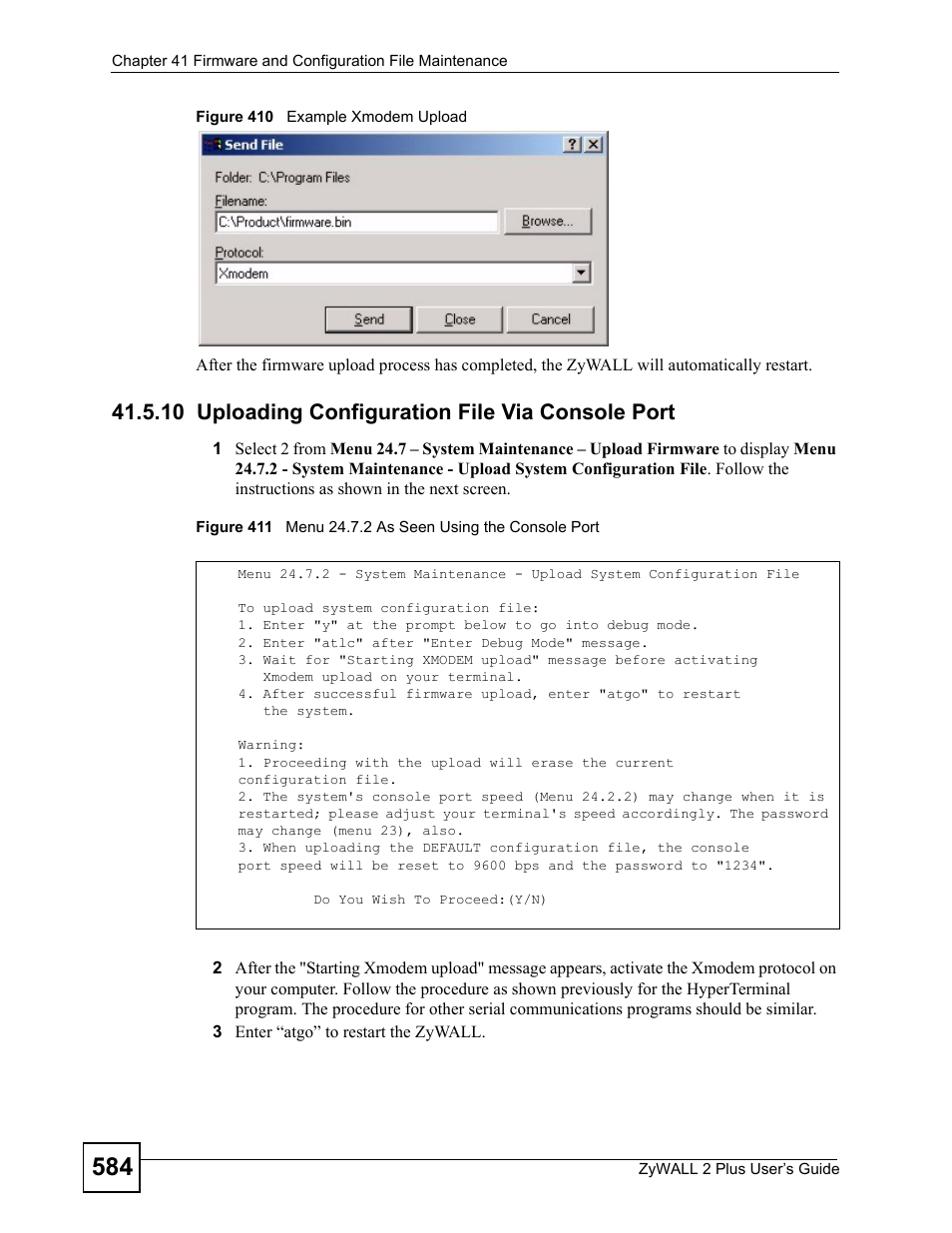 10 uploading configuration file via console port | ZyXEL Communications ZyWALL 2 Plus User Manual | Page 584 / 686