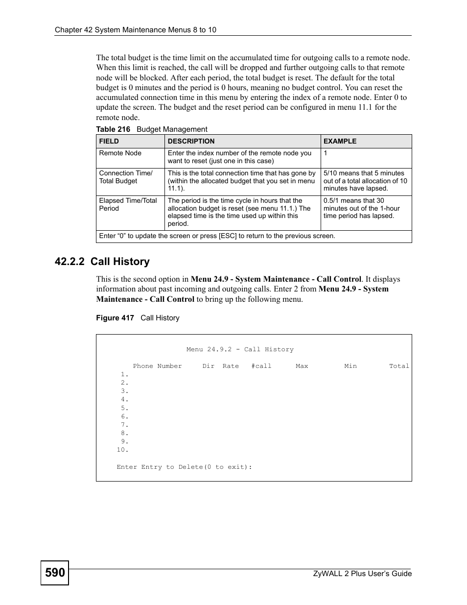 2 call history, Figure 417 call history, Table 216 budget management | ZyXEL Communications ZyWALL 2 Plus User Manual | Page 590 / 686