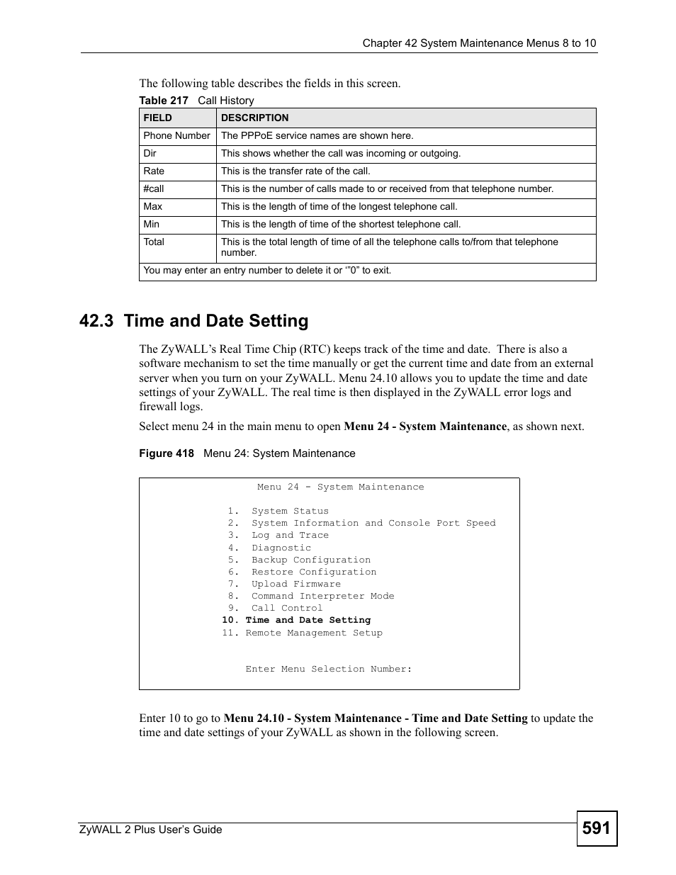 3 time and date setting, Figure 418 menu 24: system maintenance, Table 217 call history | ZyXEL Communications ZyWALL 2 Plus User Manual | Page 591 / 686