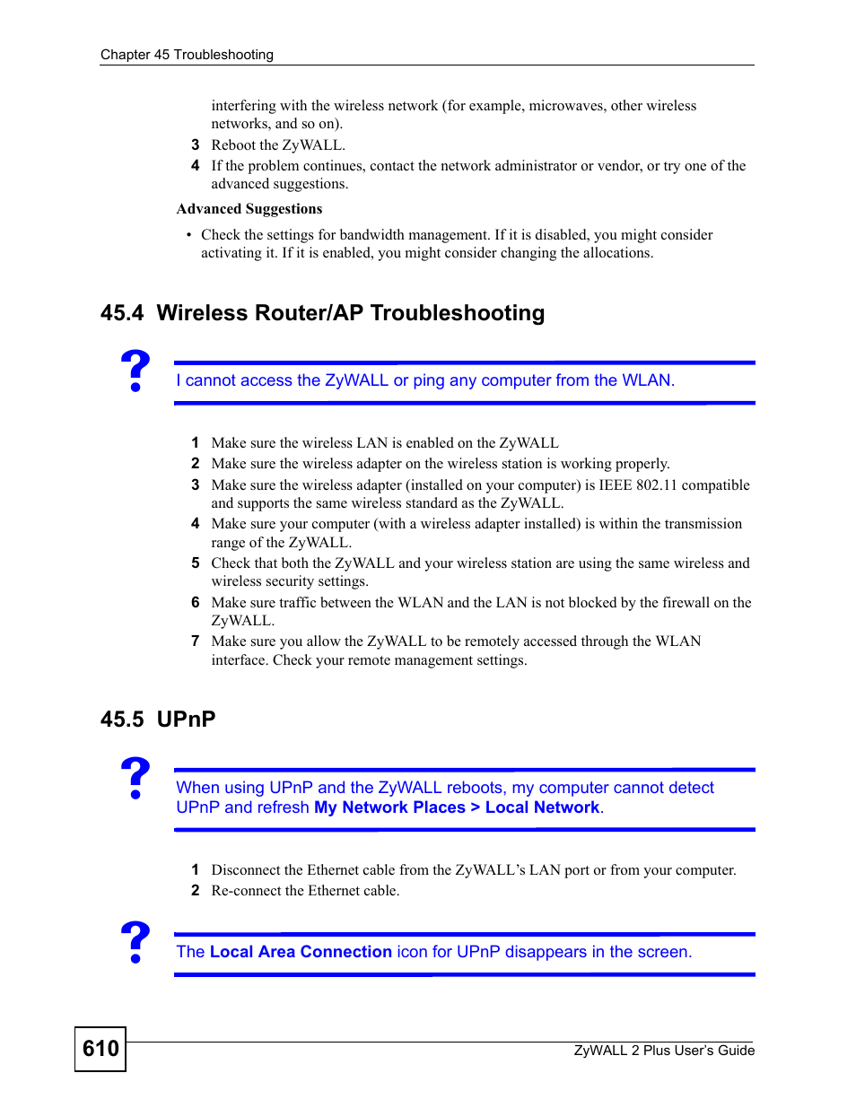 4 wireless router/ap troubleshooting, 5 upnp, 4 wireless router/ap troubleshooting 45.5 upnp | Wireless router/ap troubleshooting, Upnp | ZyXEL Communications ZyWALL 2 Plus User Manual | Page 610 / 686