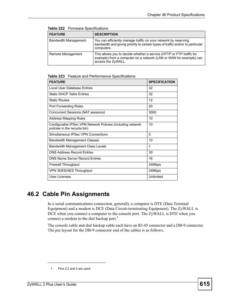 2 cable pin assignments, Table 223 feature and performance specifications | ZyXEL Communications ZyWALL 2 Plus User Manual | Page 615 / 686