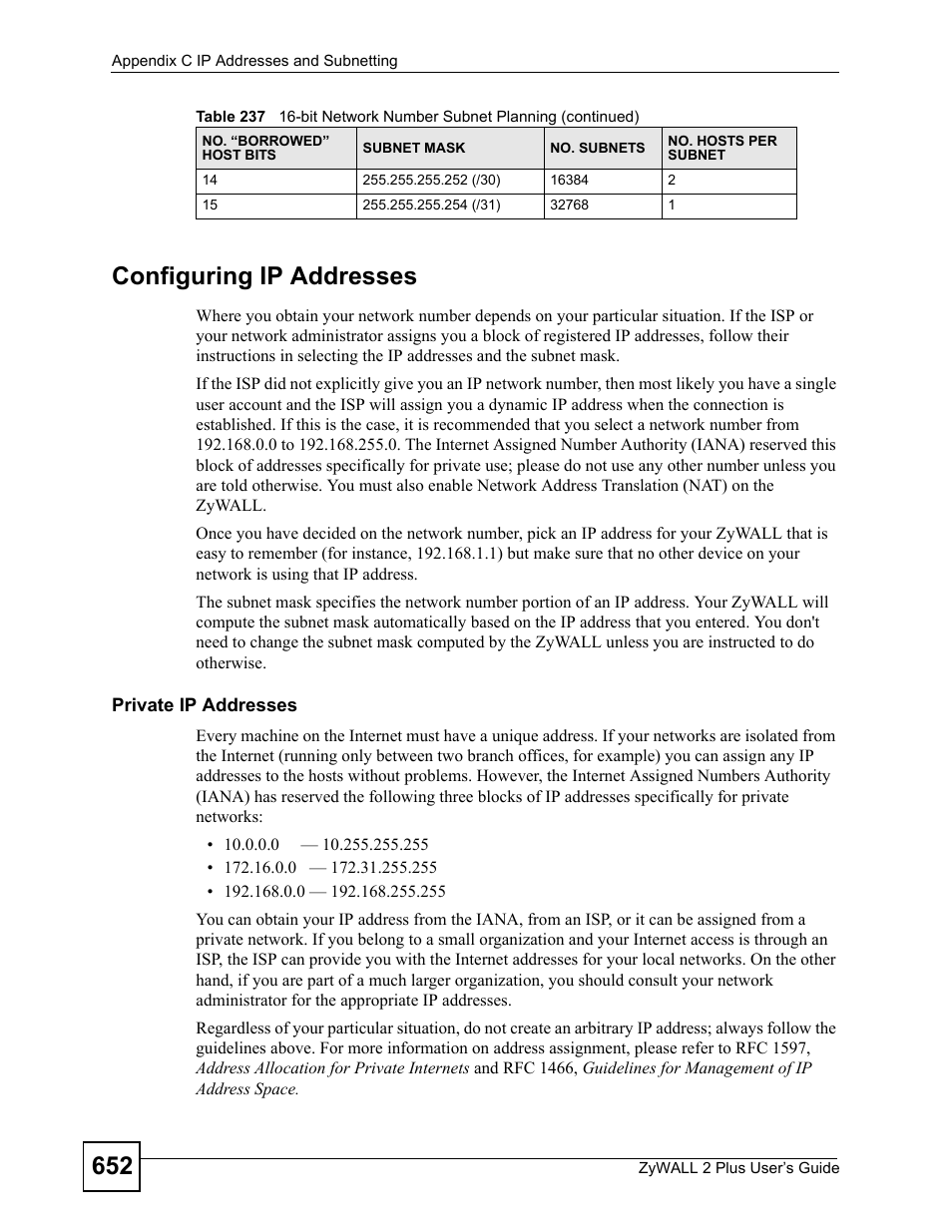 652 configuring ip addresses | ZyXEL Communications ZyWALL 2 Plus User Manual | Page 652 / 686