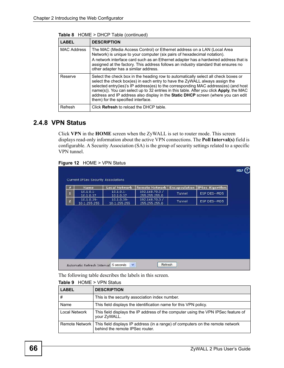 8 vpn status, Figure 12 home > vpn status, Table 9 home > vpn status | ZyXEL Communications ZyWALL 2 Plus User Manual | Page 66 / 686