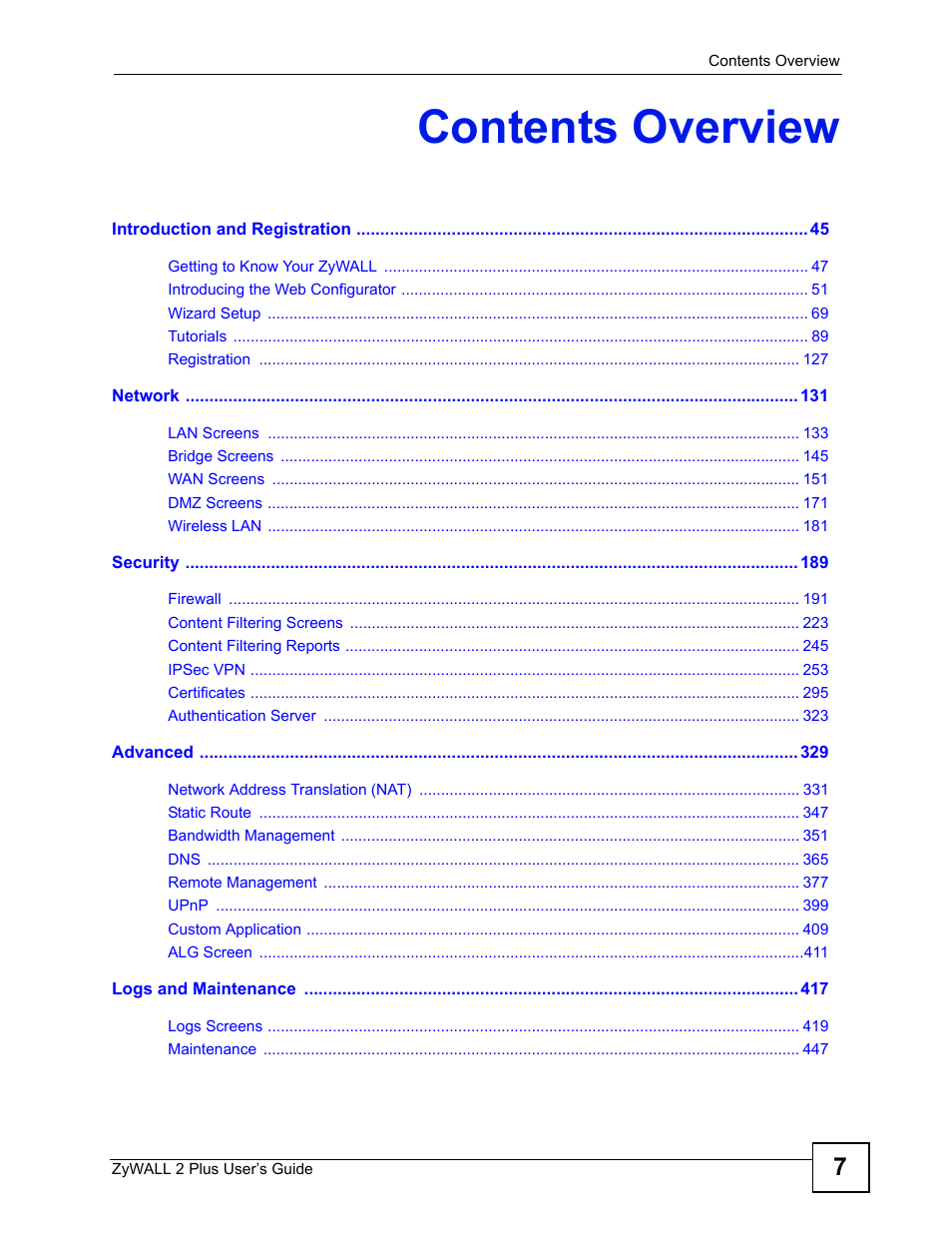 Contents overview | ZyXEL Communications ZyWALL 2 Plus User Manual | Page 7 / 686
