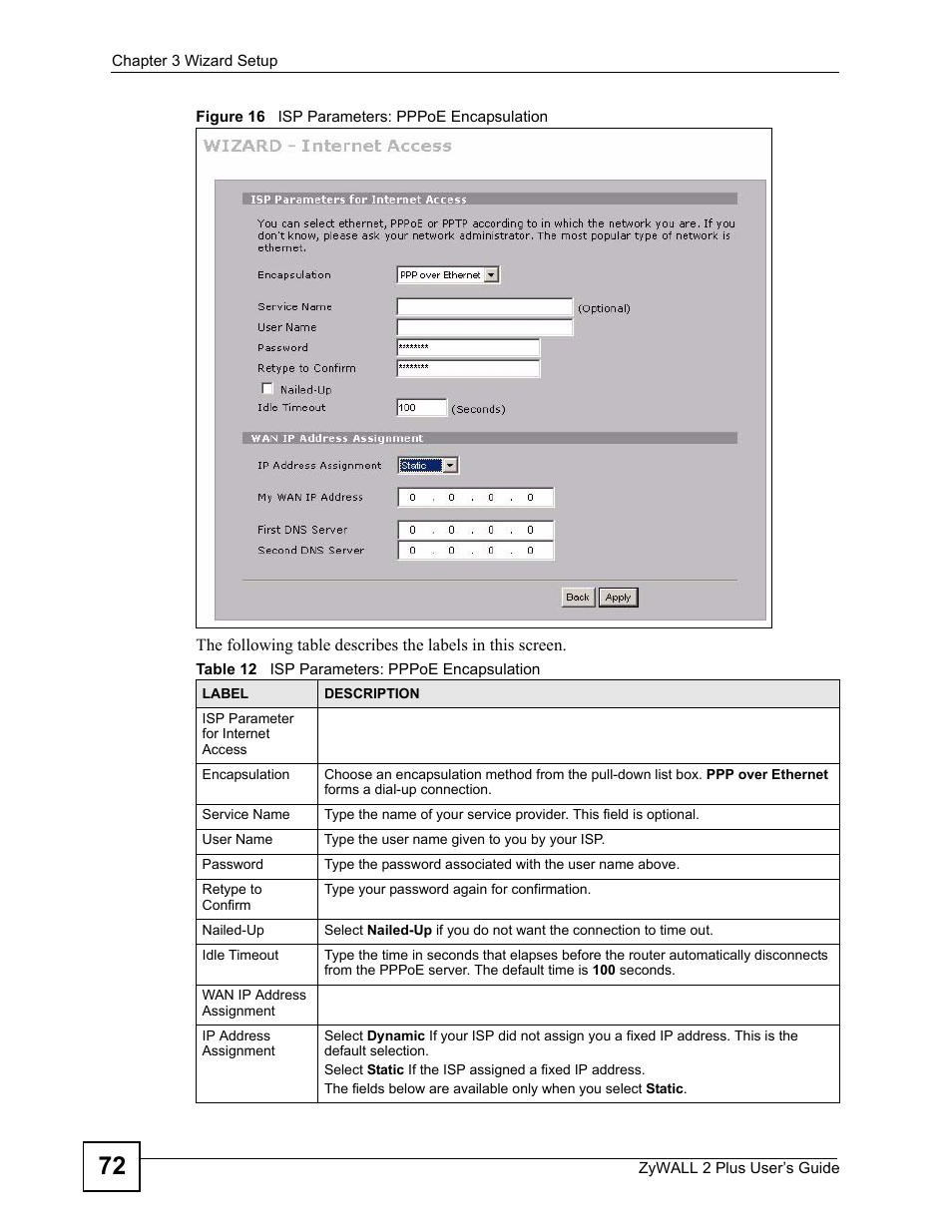 Figure 16 isp parameters: pppoe encapsulation, Table 12 isp parameters: pppoe encapsulation | ZyXEL Communications ZyWALL 2 Plus User Manual | Page 72 / 686