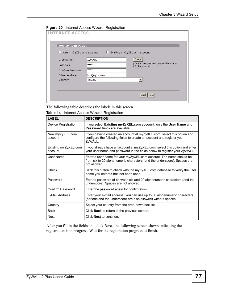 Figure 20 internet access wizard: registration, Table 14 internet access wizard: registration | ZyXEL Communications ZyWALL 2 Plus User Manual | Page 77 / 686