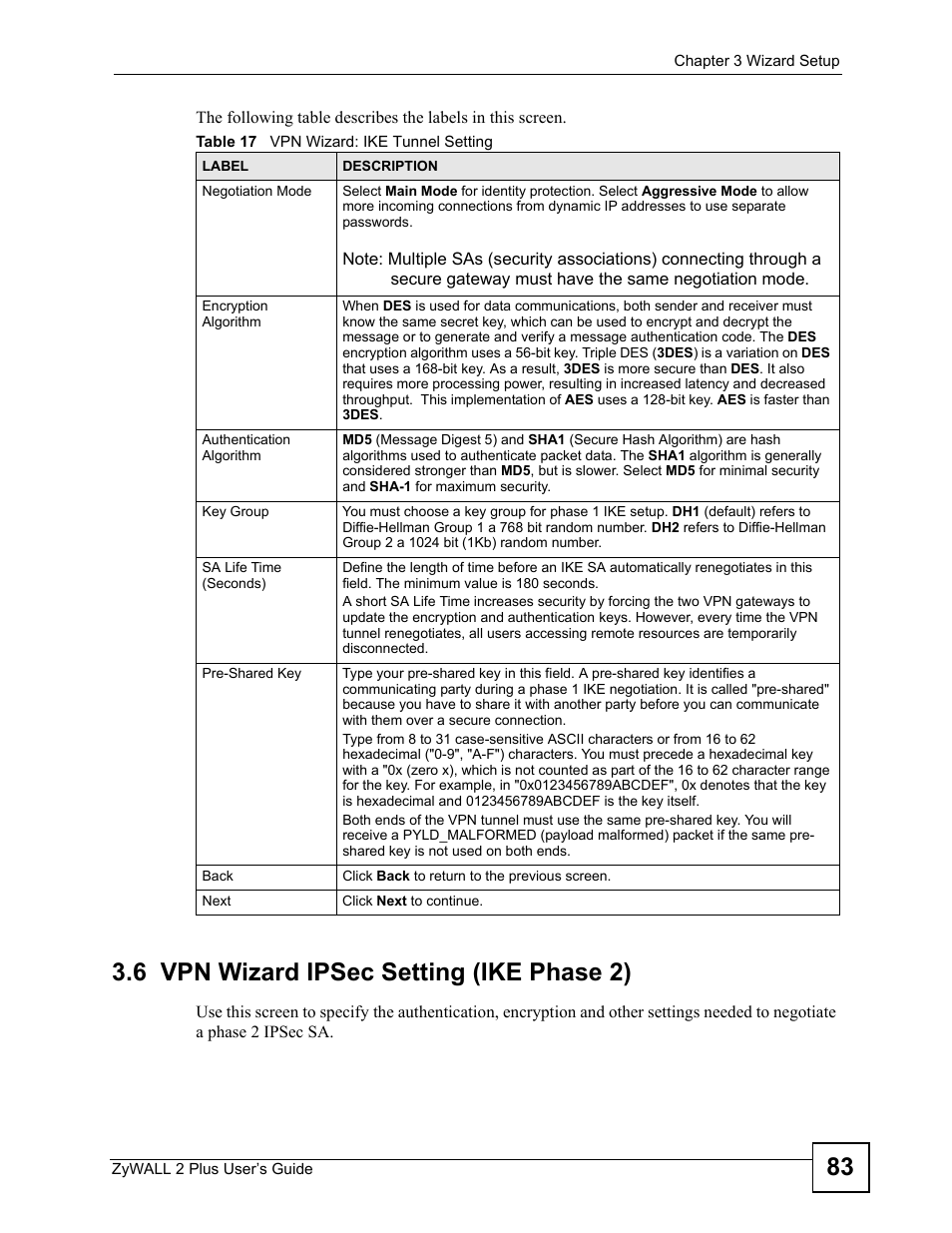 6 vpn wizard ipsec setting (ike phase 2), Table 17 vpn wizard: ike tunnel setting | ZyXEL Communications ZyWALL 2 Plus User Manual | Page 83 / 686