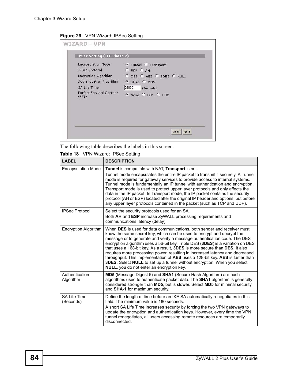 Figure 29 vpn wizard: ipsec setting, Table 18 vpn wizard: ipsec setting | ZyXEL Communications ZyWALL 2 Plus User Manual | Page 84 / 686