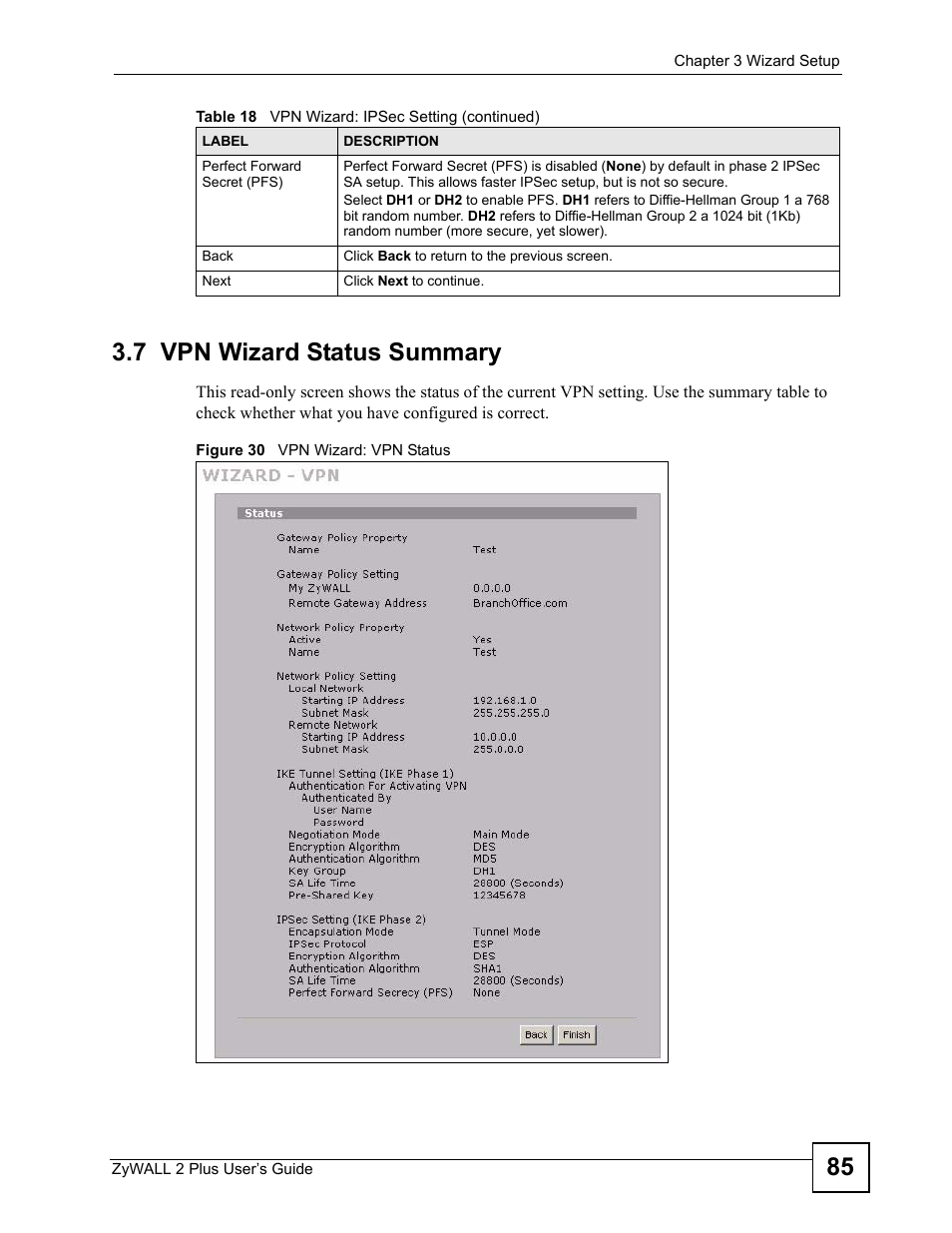 7 vpn wizard status summary, Figure 30 vpn wizard: vpn status, 85 3.7 vpn wizard status summary | ZyXEL Communications ZyWALL 2 Plus User Manual | Page 85 / 686