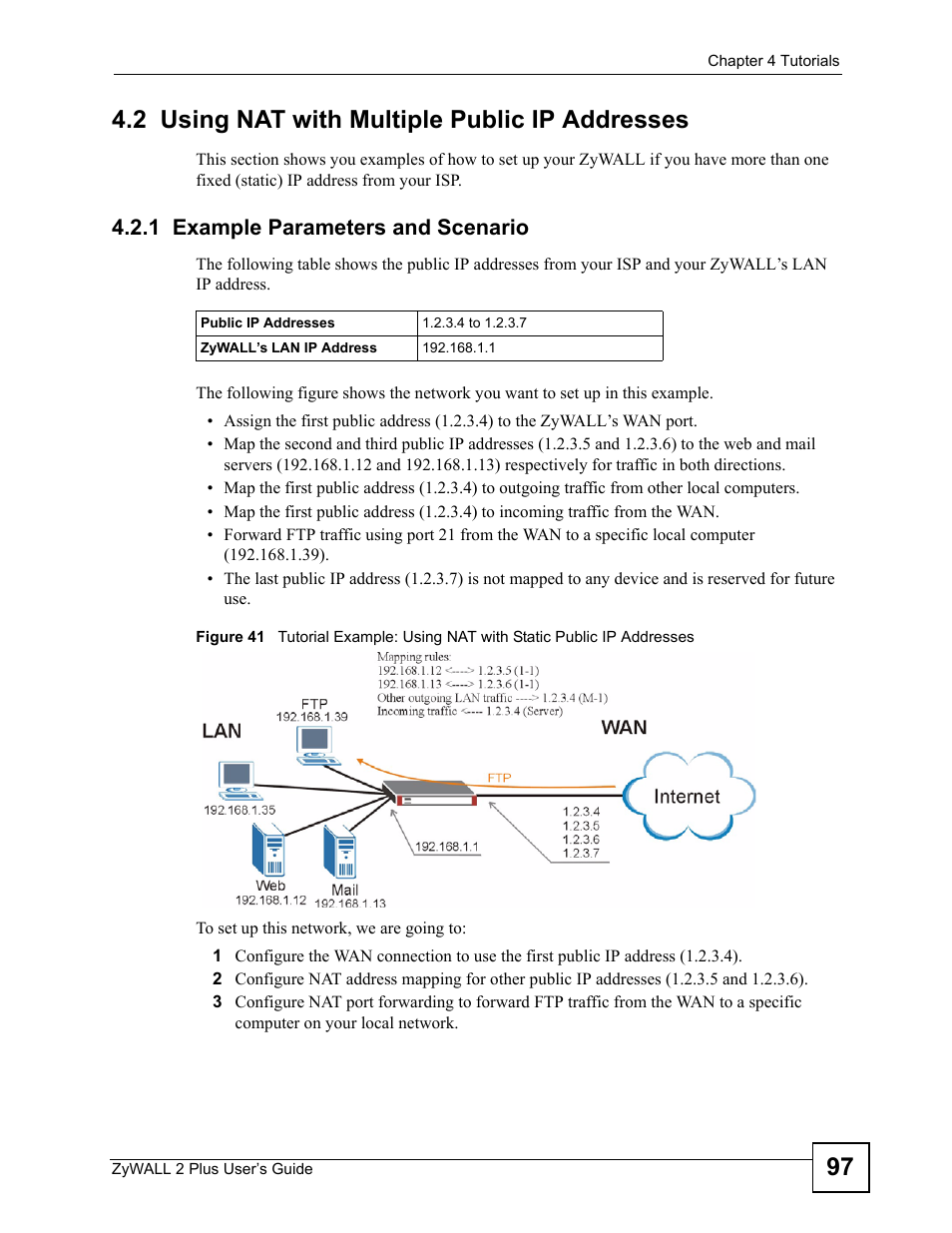 2 using nat with multiple public ip addresses, 1 example parameters and scenario, 97 4.2 using nat with multiple public ip addresses | ZyXEL Communications ZyWALL 2 Plus User Manual | Page 97 / 686