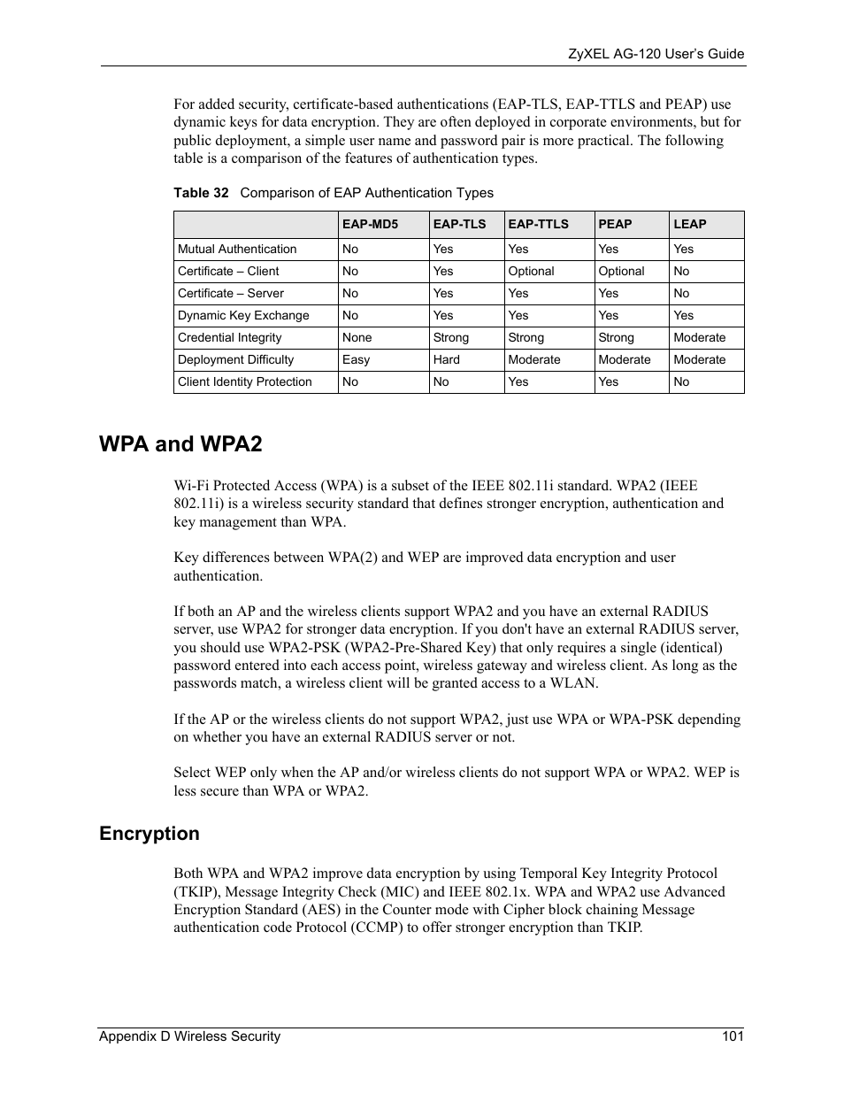 Wpa and wpa2, Encryption, Table 32 comparison of eap authentication types | ZyXEL Communications 802.11a/g Wireless CardBus Card ZyXEL AG-120 User Manual | Page 101 / 119
