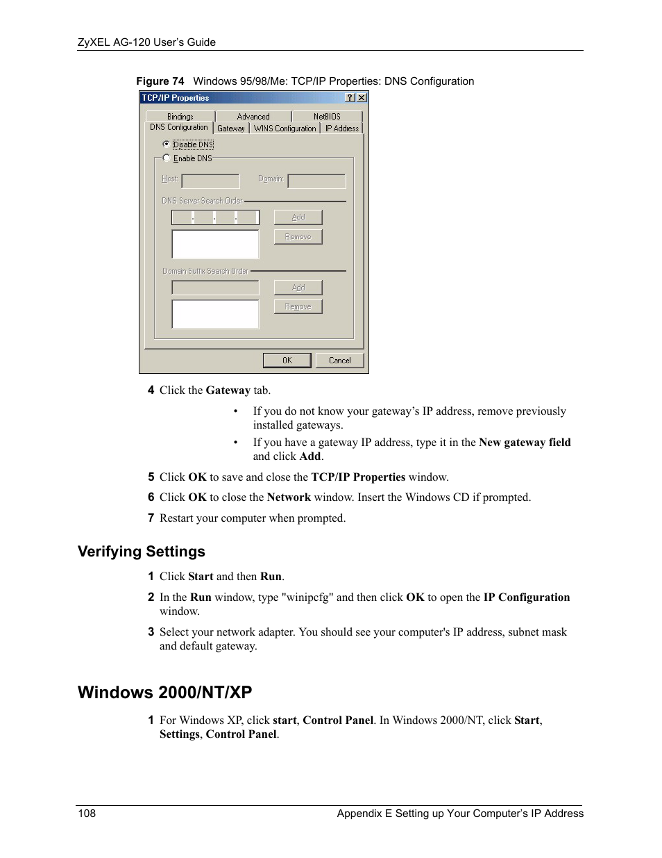 Verifying settings, Windows 2000/nt/xp | ZyXEL Communications 802.11a/g Wireless CardBus Card ZyXEL AG-120 User Manual | Page 108 / 119