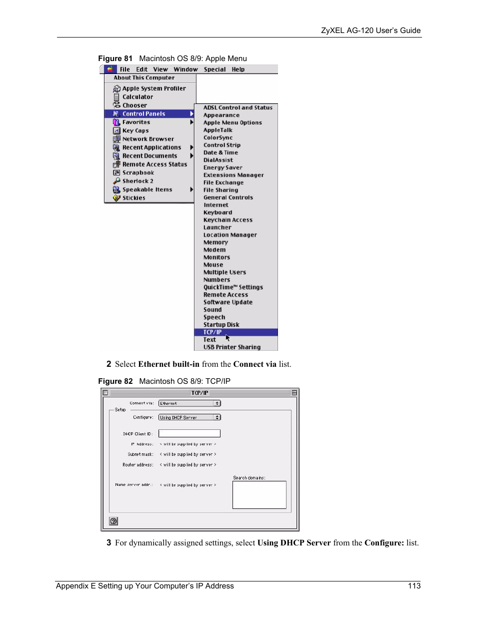 Figure 81 macintosh os 8/9: apple menu | ZyXEL Communications 802.11a/g Wireless CardBus Card ZyXEL AG-120 User Manual | Page 113 / 119