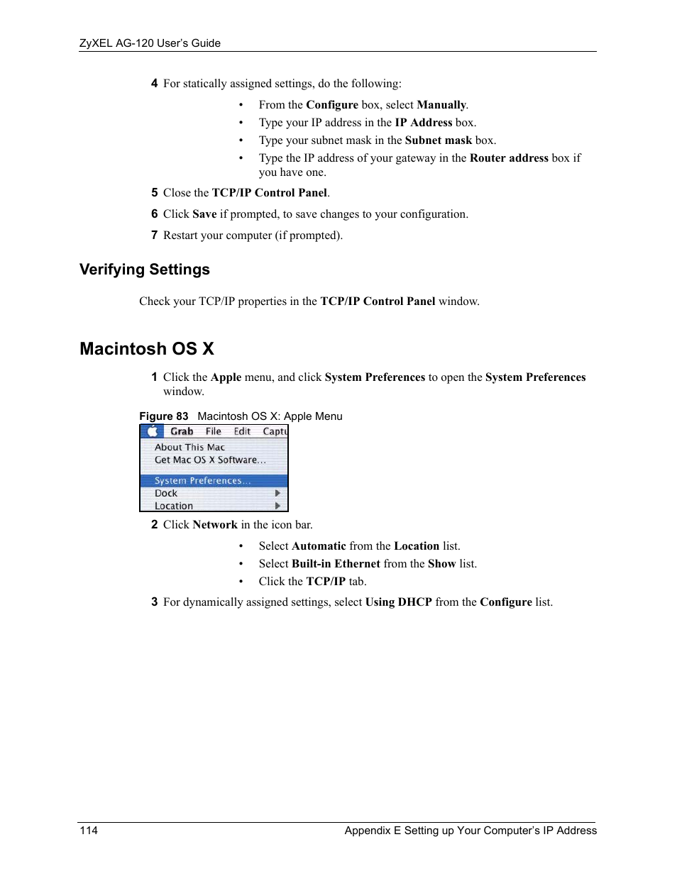 Verifying settings, Macintosh os x | ZyXEL Communications 802.11a/g Wireless CardBus Card ZyXEL AG-120 User Manual | Page 114 / 119